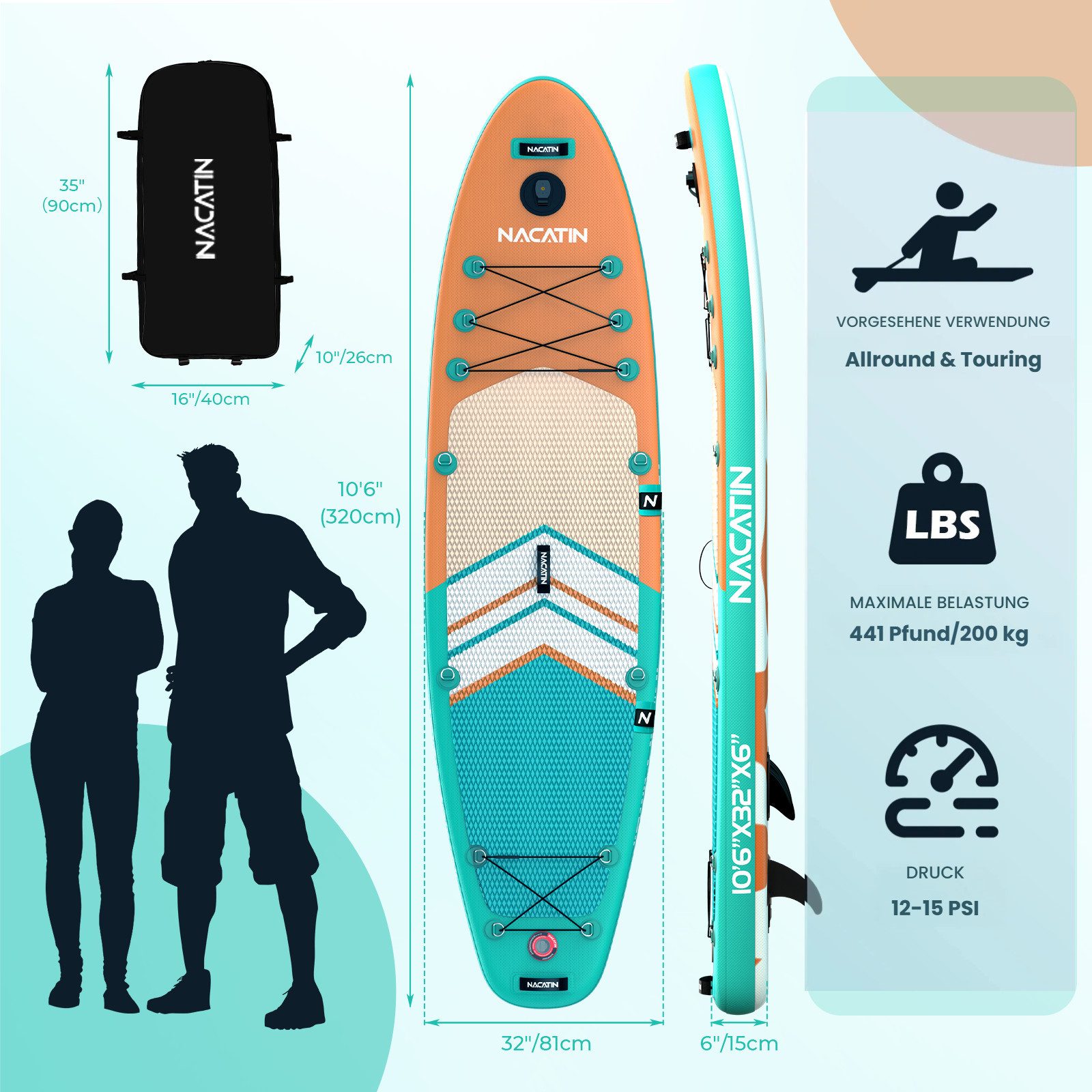 NACATIN Inflatable SUP-Board mit Kajaksitz, Paddel, Pumpe, Rucksack & Tasche, Inflatable SUP Board, Aufblasbares SUP Board 10'6" für Erwachsene