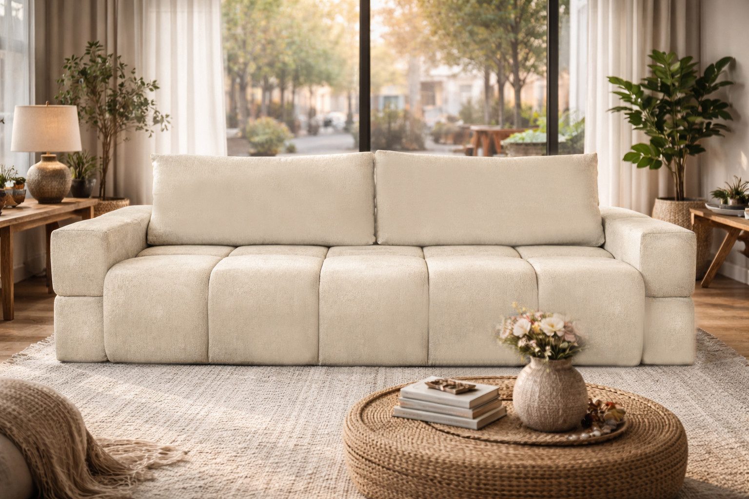 Compleo Schlafsofa Boucle Stoff, Designersofa, Wolkensofa bubble WOLKS, Abgerundete Formen, Schlaffunktion mit Bettkasten