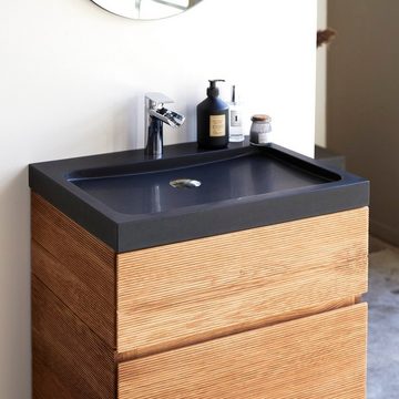 Tikamoon Waschtisch Karl Badezimmermöbel aus massiver Eiche und Lavastein60 cm