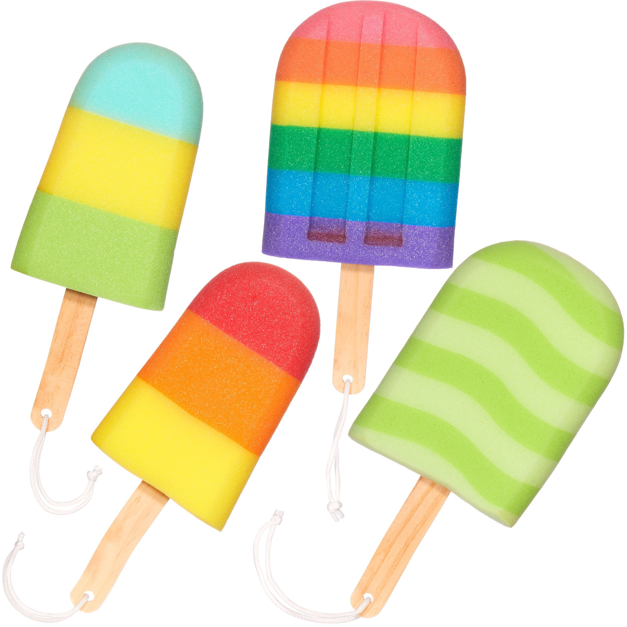 BRUBAKER Duschschwamm Badeschwamm Set Eis am Stiel - Seifschwamm für Kinder und Erwachsene, 4-tlg., Badeknäuel zum Einseifen - Waschschwamm inkl. Geschenkbox - Bunt