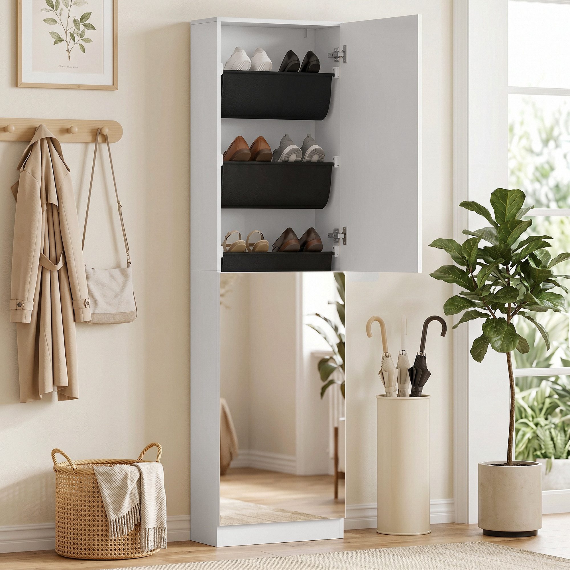 HOMCOM Schuhschrank Schuhaufbewahrung mit Ganzkörperspiegel, 2 umkehrbaren Türen (Schuhregal, 1-St., Schmale Schuhkommode) für Eingang, Flur, 50 x 20 x 180 cm, Weiß