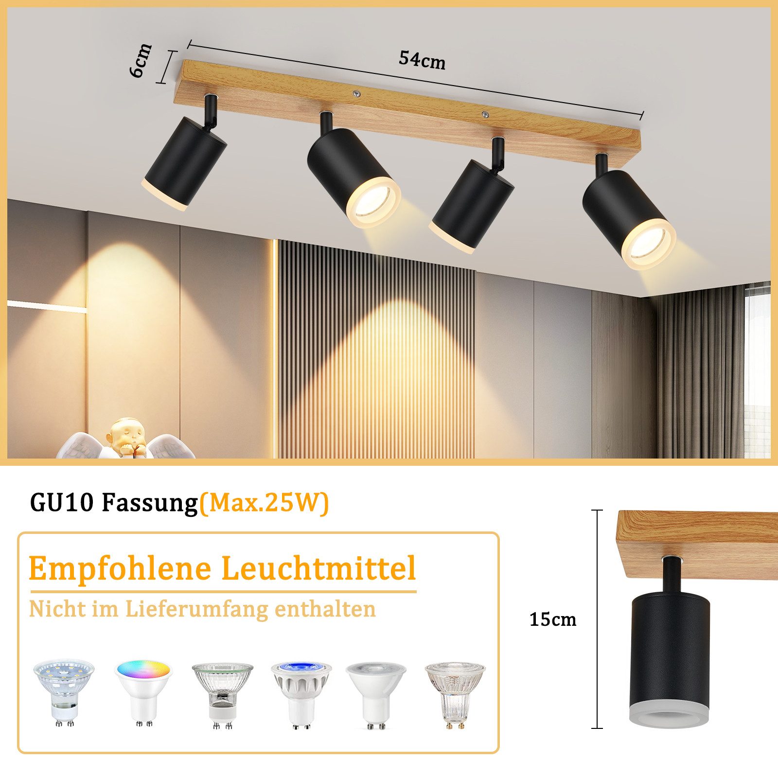 ZMH LED Deckenstrahler 2/3/4 Flammig GU10 Holz-Acryl Deckenleuchte 350° Dre günstig online kaufen
