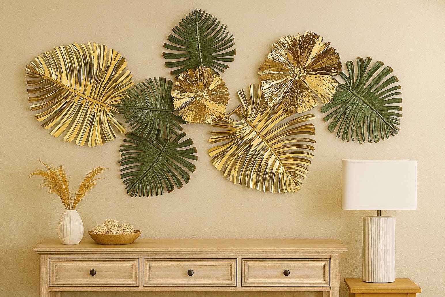 Kobolo Wandbild Metallbild VERDURE aus Metall in gold und grün, Wohndeko Wohnzimmer, Pflanzen (1 St), Hoch- Querformat möglich