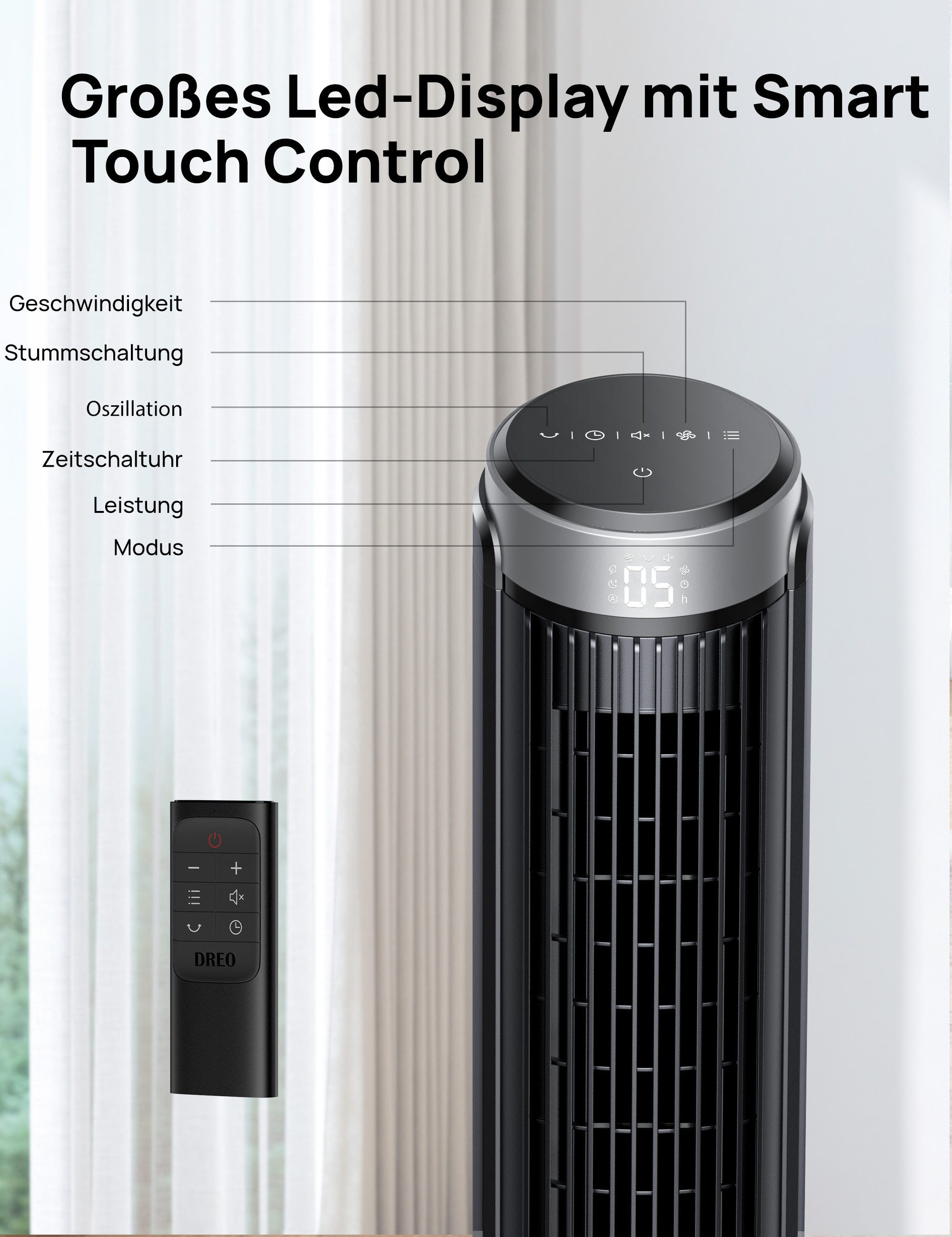 Dreo Turmventilator Mit Luftreiniger – 2-in-1, 114 Cm Hoch, 8 M/s | Timer & Oszillation
