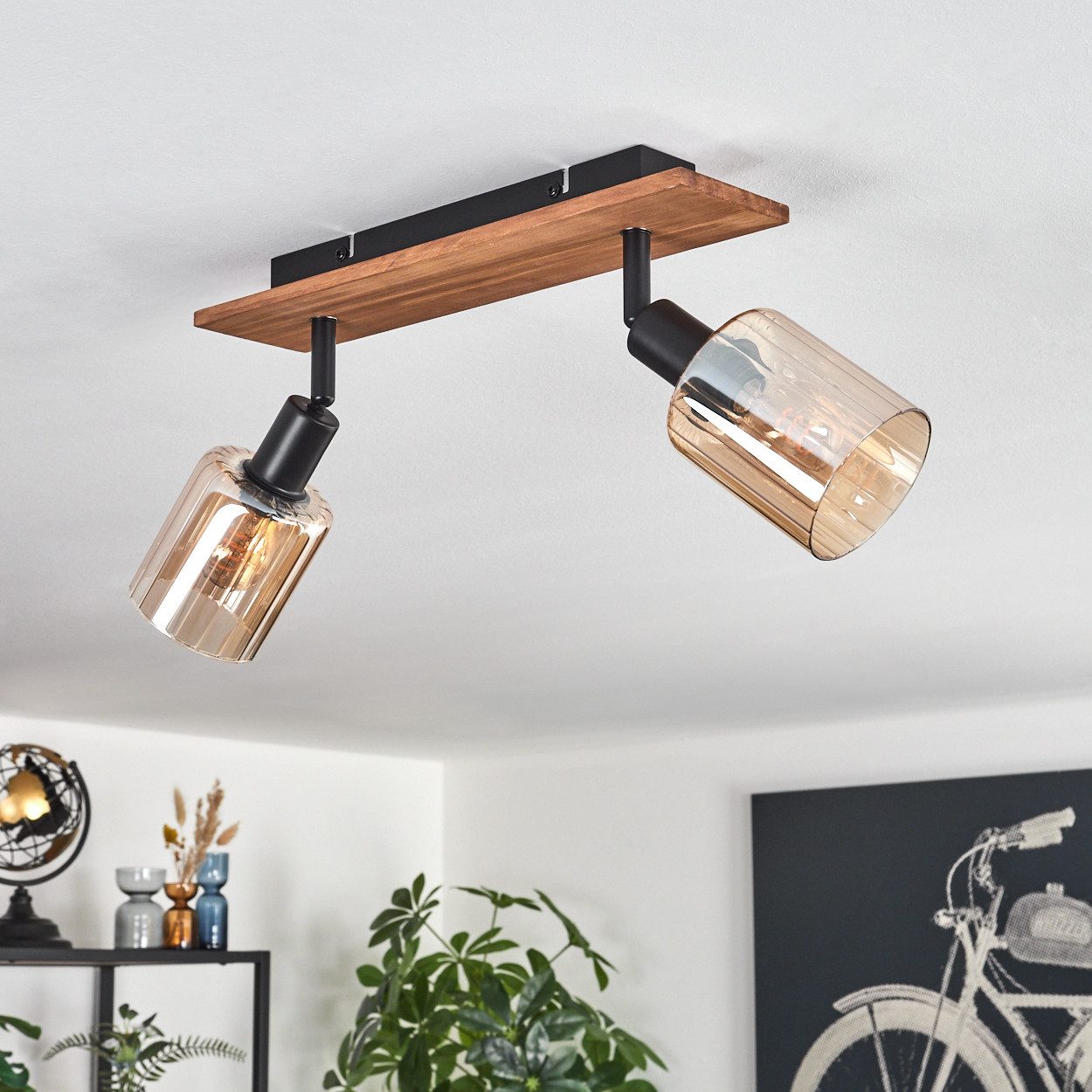 hofstein Deckenleuchte Deckenlampe aus Metall/Holz/Glas in Schwarz/Natur/Bernstein, ohne Leuchtmittel, moderne Industrial-Design Leuchte, mit Glasschirmen (8 cm – Bild 2 von 5
