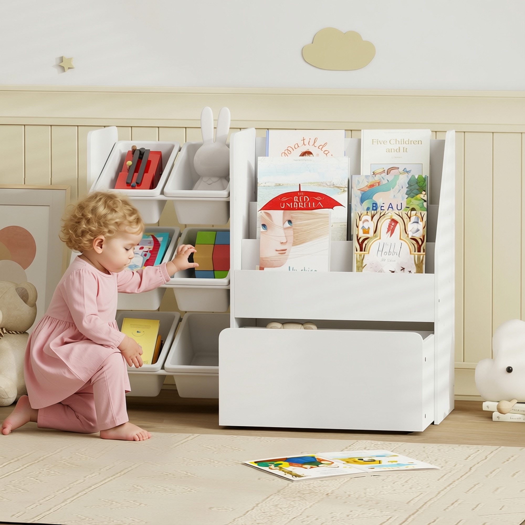 AIYAPLAY Spielzeugtruhe mit 6 herausnehmbaren Aufbewahrungsboxen, Bücherablage, rollbarer Box (Kinderregal, 1 St., Kinder-Bücherregal), mit Rädern, für Kinderzimmer, Spielzimmer, 100x30x80 cm, Weiß