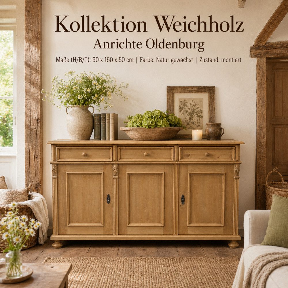 Sideboard Landhaus Anrichte Oldenburg 160 cm Weichholz Sideboard Kommode