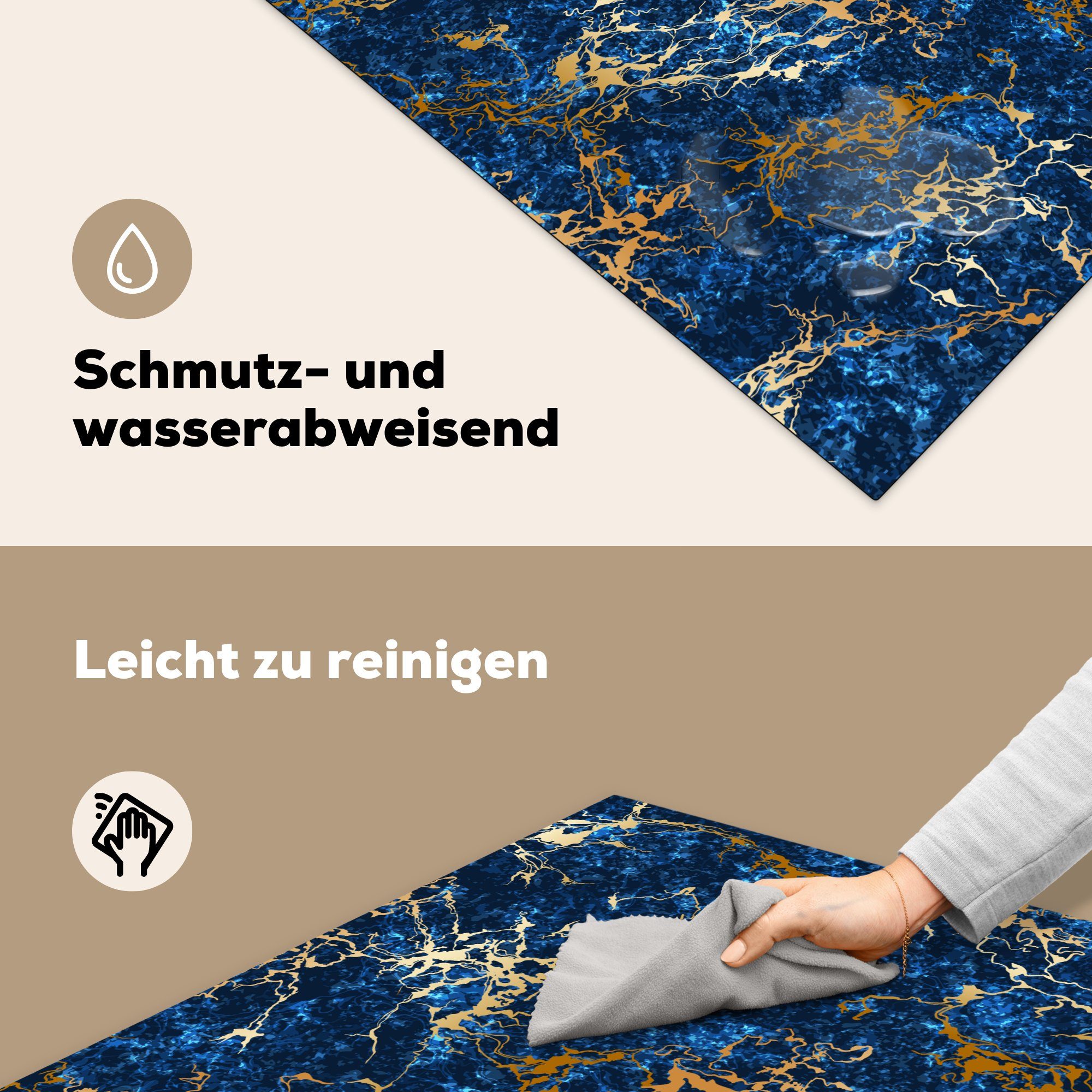 Arbeitsplatte Marmor 78x78 für tlg), - Herdblende-/Abdeckplatte (1 küche Textur - Blau, MuchoWow Gold - Vinyl, Ceranfeldabdeckung, cm,