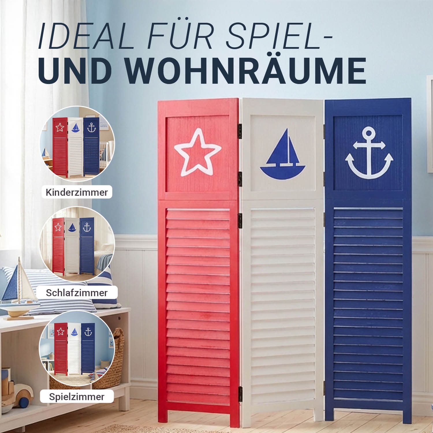Homestyle4u Paravent Raumteiler Holz Trennwand Sea Sichtschutz Indoor faltbar Motiv Meer (3-teilig), maritim