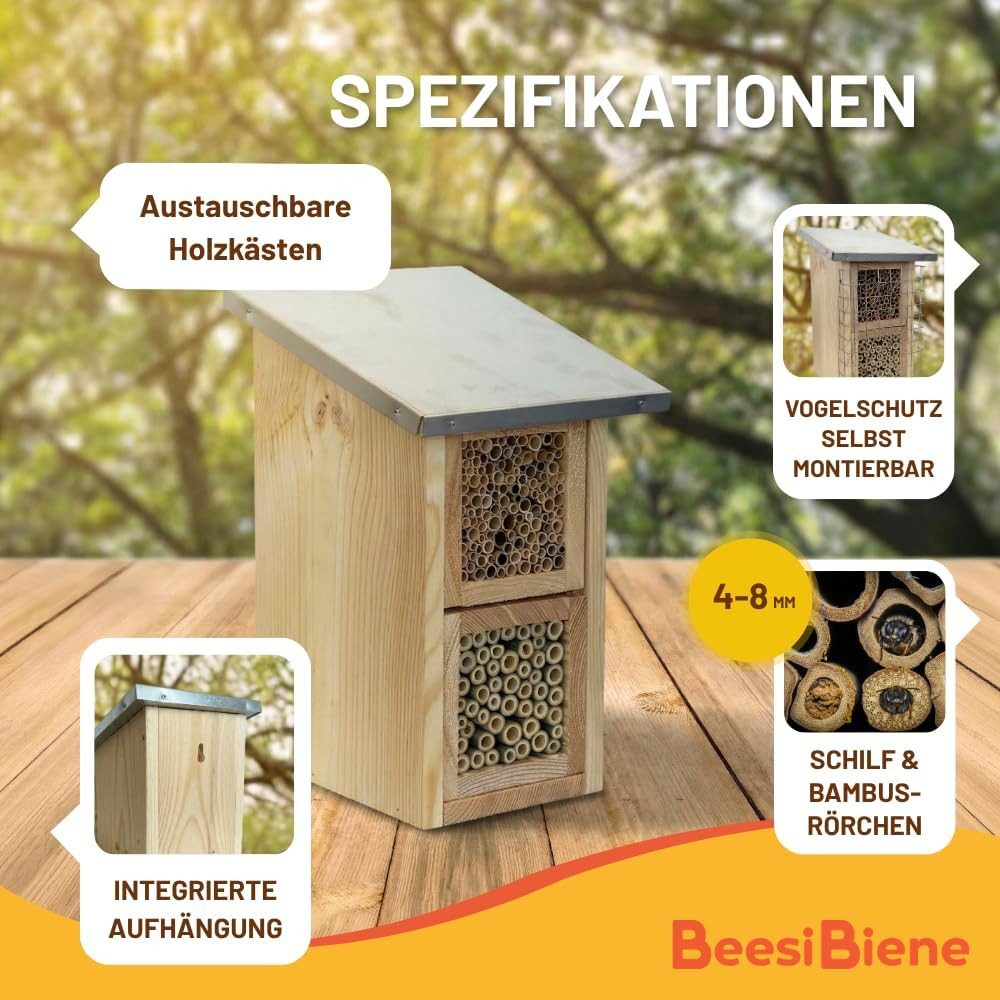 BEESI Insektenhotel mit Metalldach & Vogelschutz-Gitter, 2-Etagen XXL-Nisthilfe, 4-8mm, (1-St., für Solitärbienen – Vogelschutz-Gitter gegen Spechte/Meisen), Ni – Bild 4 von 5