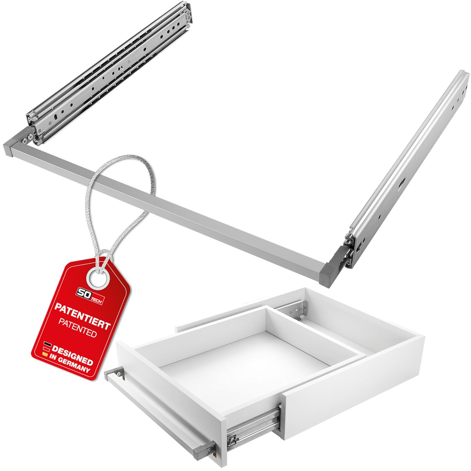 SO-TECH® Auszug VarioSlide bis 200 kg, mit Verriegelung, einhändig bedienbar (Set), Vollauszug 60 cm Breite, 55 cm Tiefe, mit Front grau