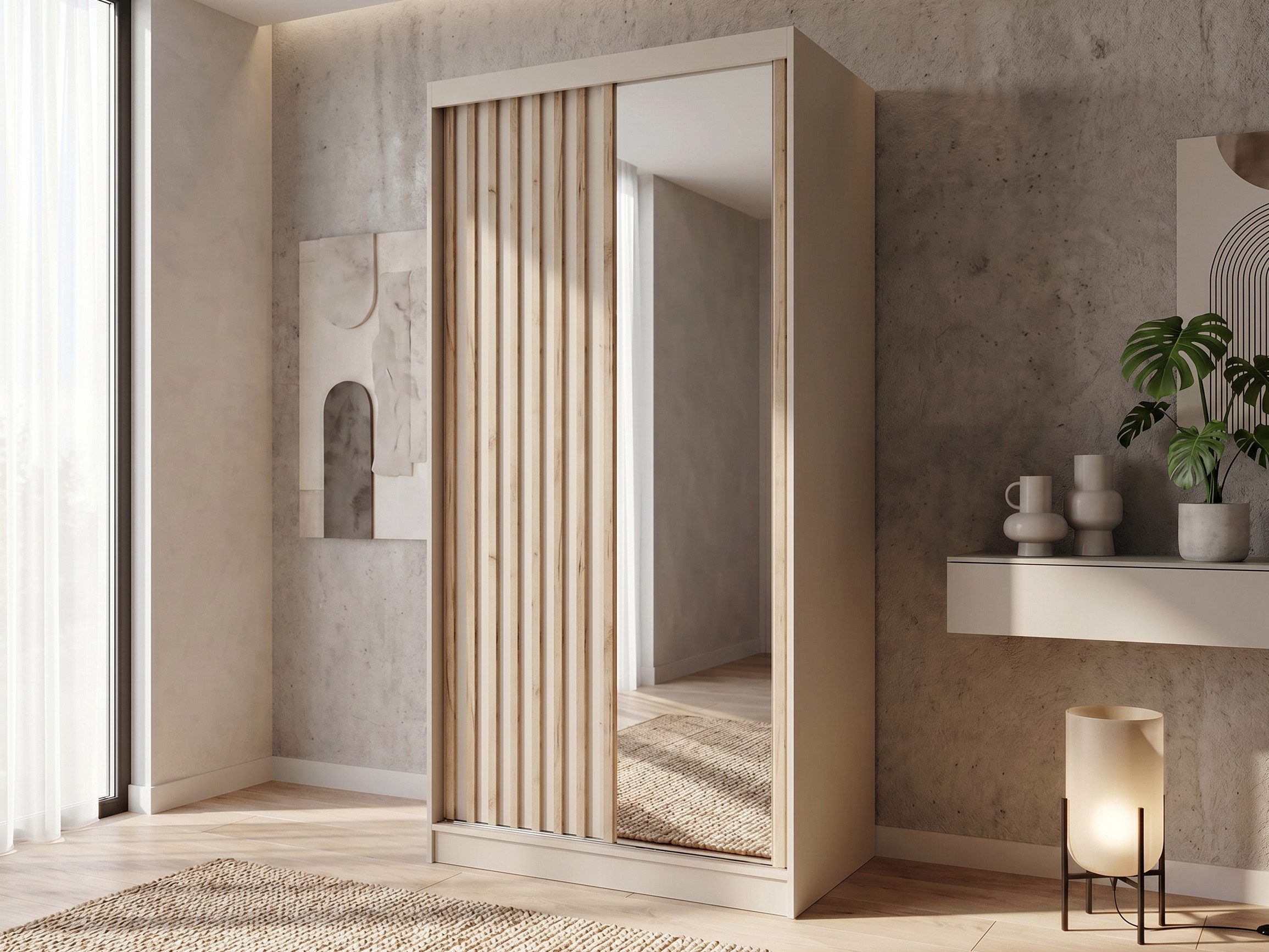 Beautysofa Kleiderschrank Donatello mit Spiegel und Lamellen (mit oder ohne praktischem Schubkasteneinsatz, Höhe: 205 cm) moderner Schiebetürenschrank