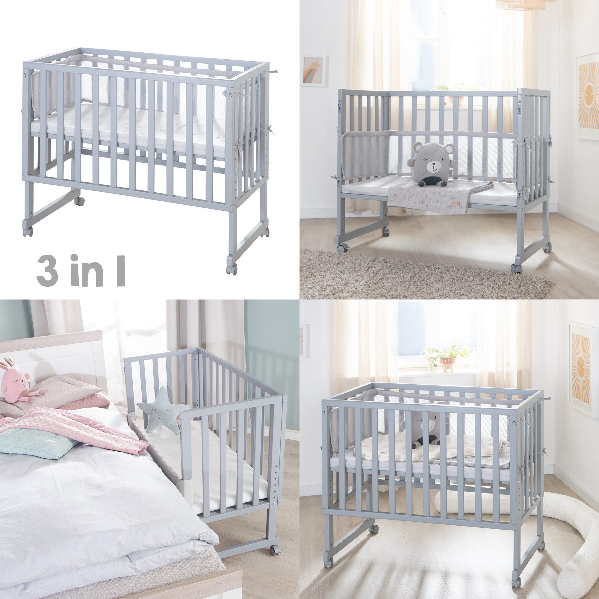 roba® Beistellbett roba Style grau, Beistellbett inkl. Matratze & Nestchen mit Barriere