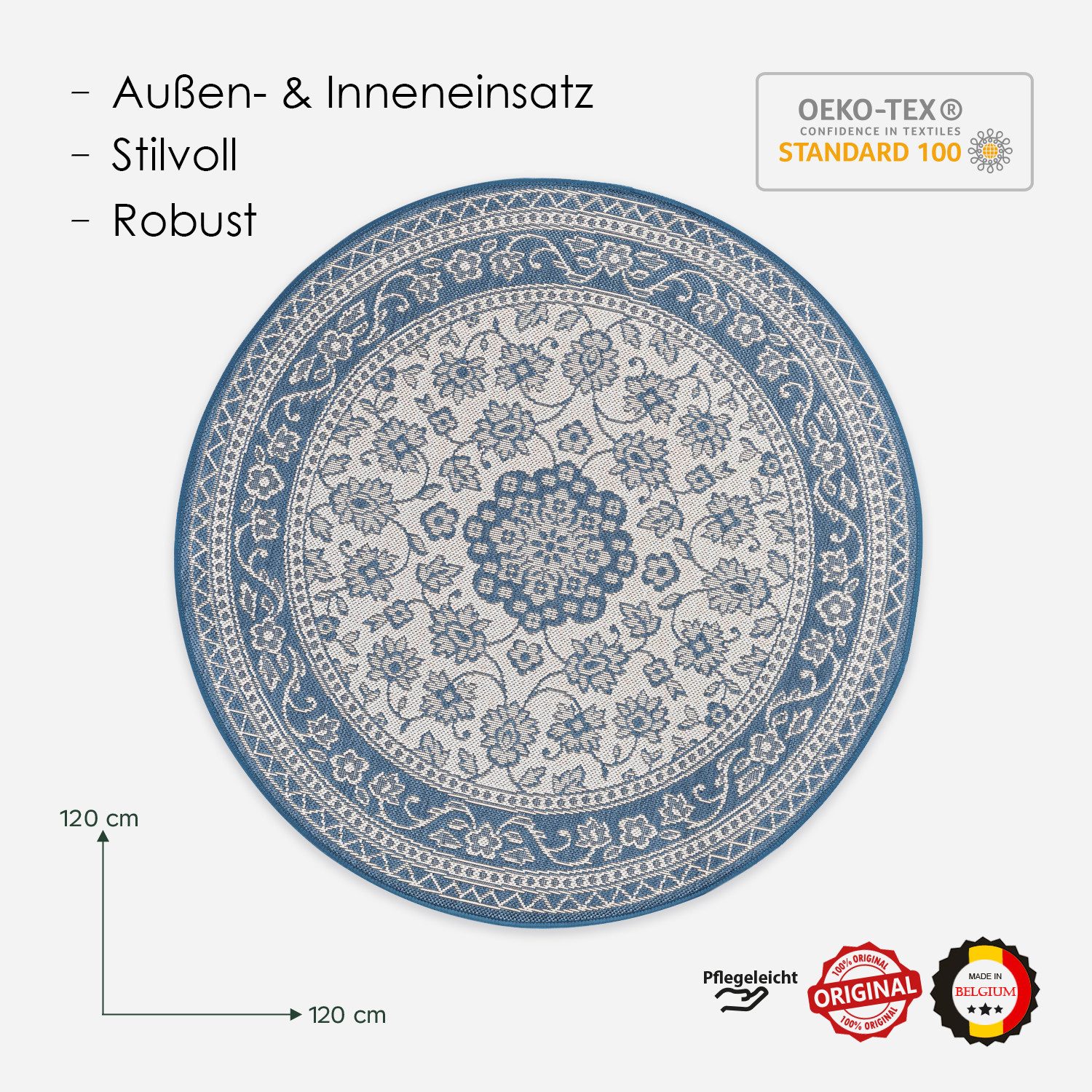 DomDeco Teppich In- & Outdoor Teppich Rund Finn, strapazierfähiger Flachgewebe 120cm