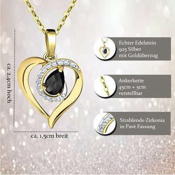 Limana Herzkette echter Saphir schwarz 925 Silber Gold Damen Kette mit Herz-Anhänger (inkl. Herz Geschenkdose und Tasche), 45-50cm Damengeschenk Liebe Geschenk Idee Goldkette Edelstein