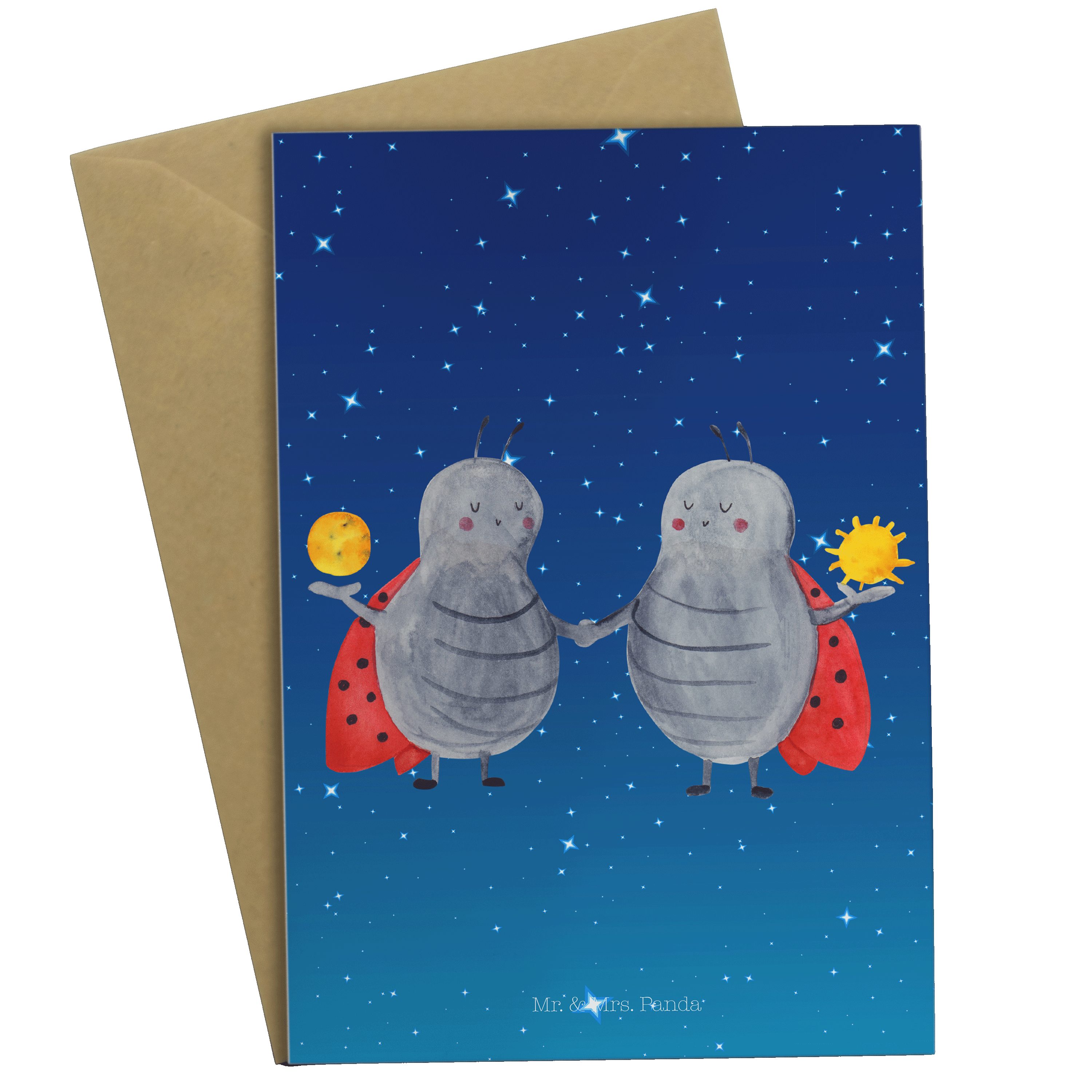 Mr. & Mrs. Panda Grußkarte Sternzeichen Zwilling - Sternenhimmel Blau - Geschenk, Einladungskart