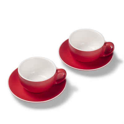 Terra Home Tasse 2er Milchkaffeetassen-Set, Rot matt 350 ml mit Untertasse, Porzellan, spülmaschinenfest,extra dickwandig