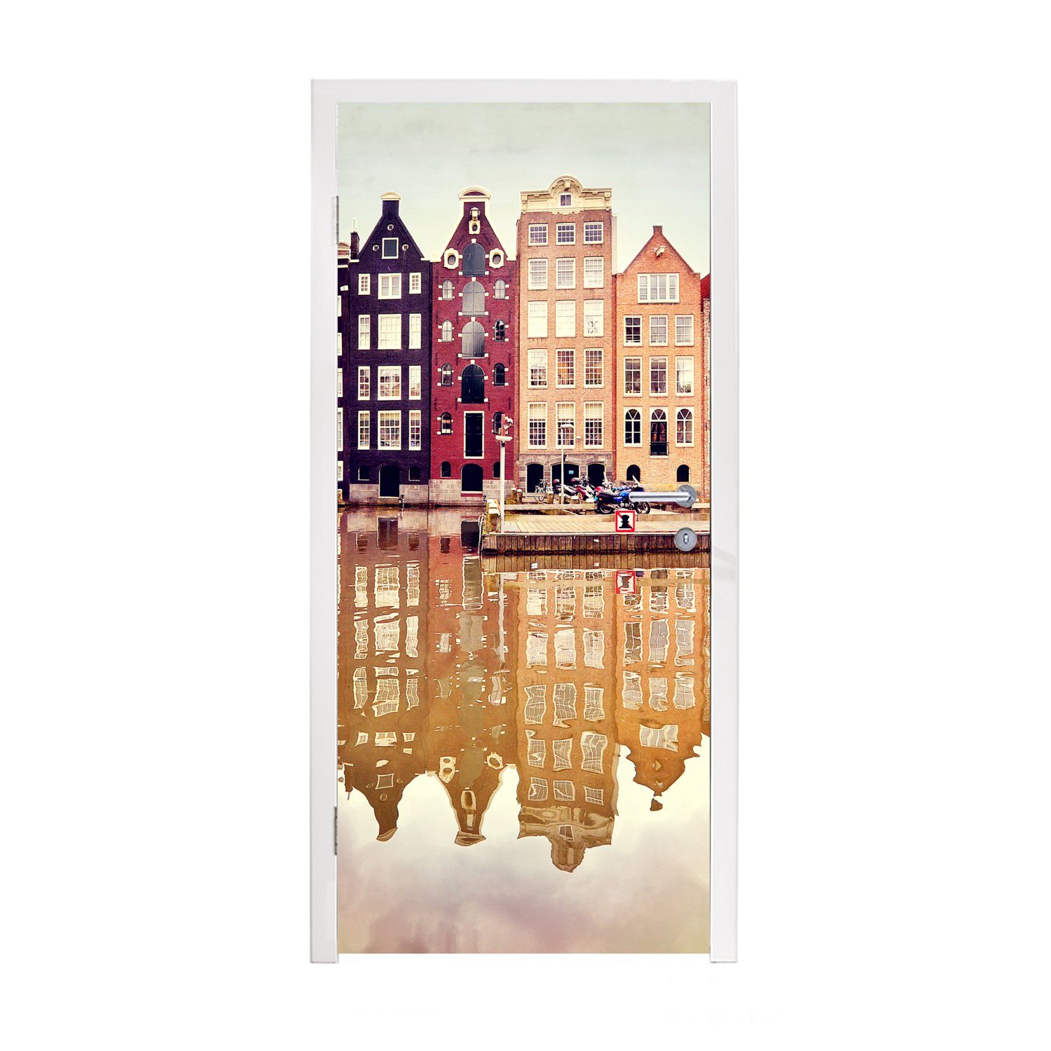 MuchoWow Türtapete Amsterdam - Haus - Reflexion, Matt, bedruckt, (1 St), Fototapete für Tür, Türaufkleber, 75x205 cm