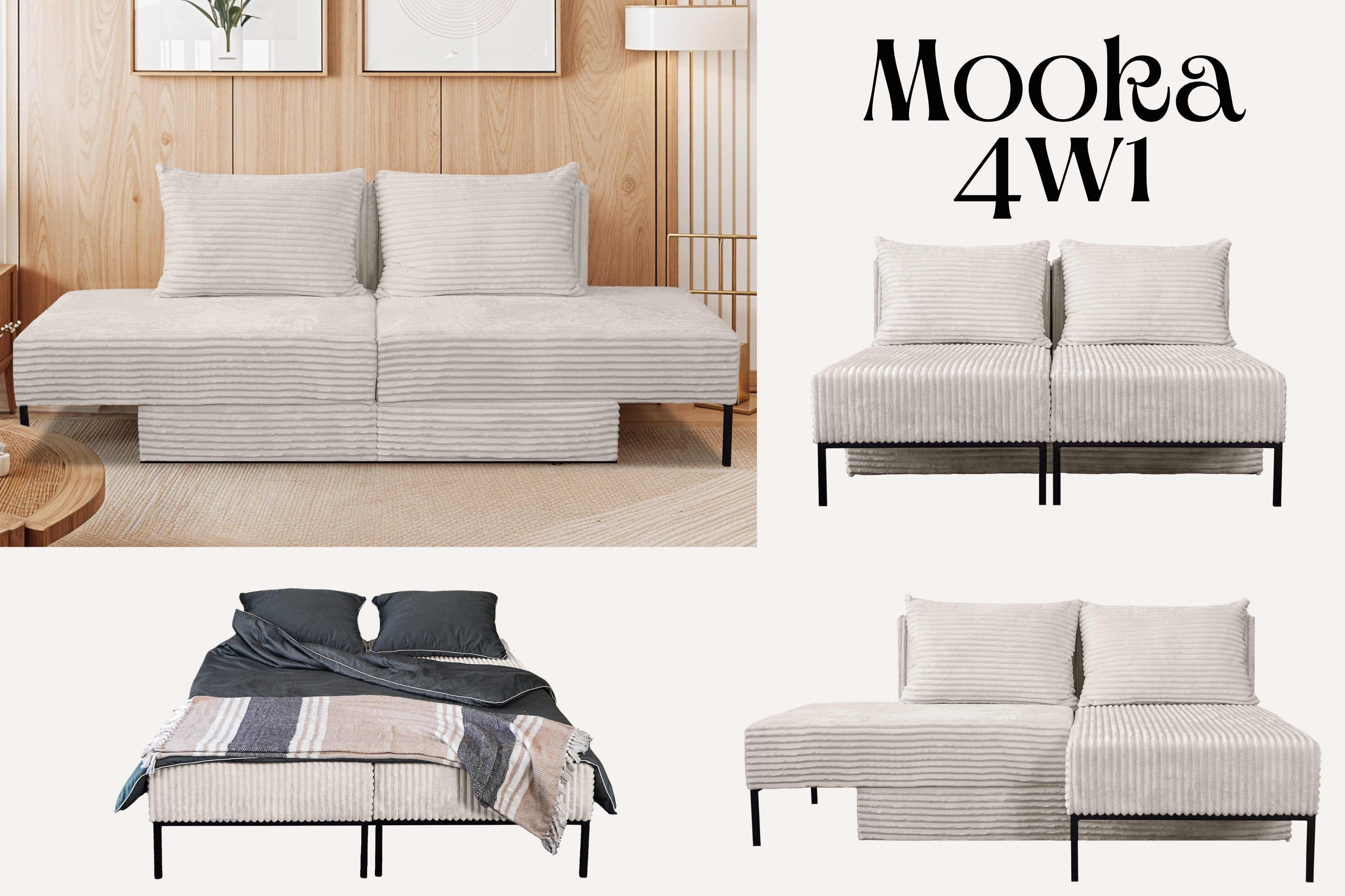 Kaiser Möbel Schlafsofa Ecksofa, Betten, Liegestuhl, MOOKA 4in1-Multifunktions-System