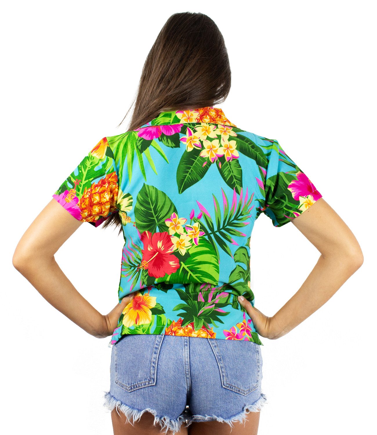 King Kameha Hawaiihemd Pineapple Funky Hawaiibluse Damen Kurzarm Front-Tasche Stylish