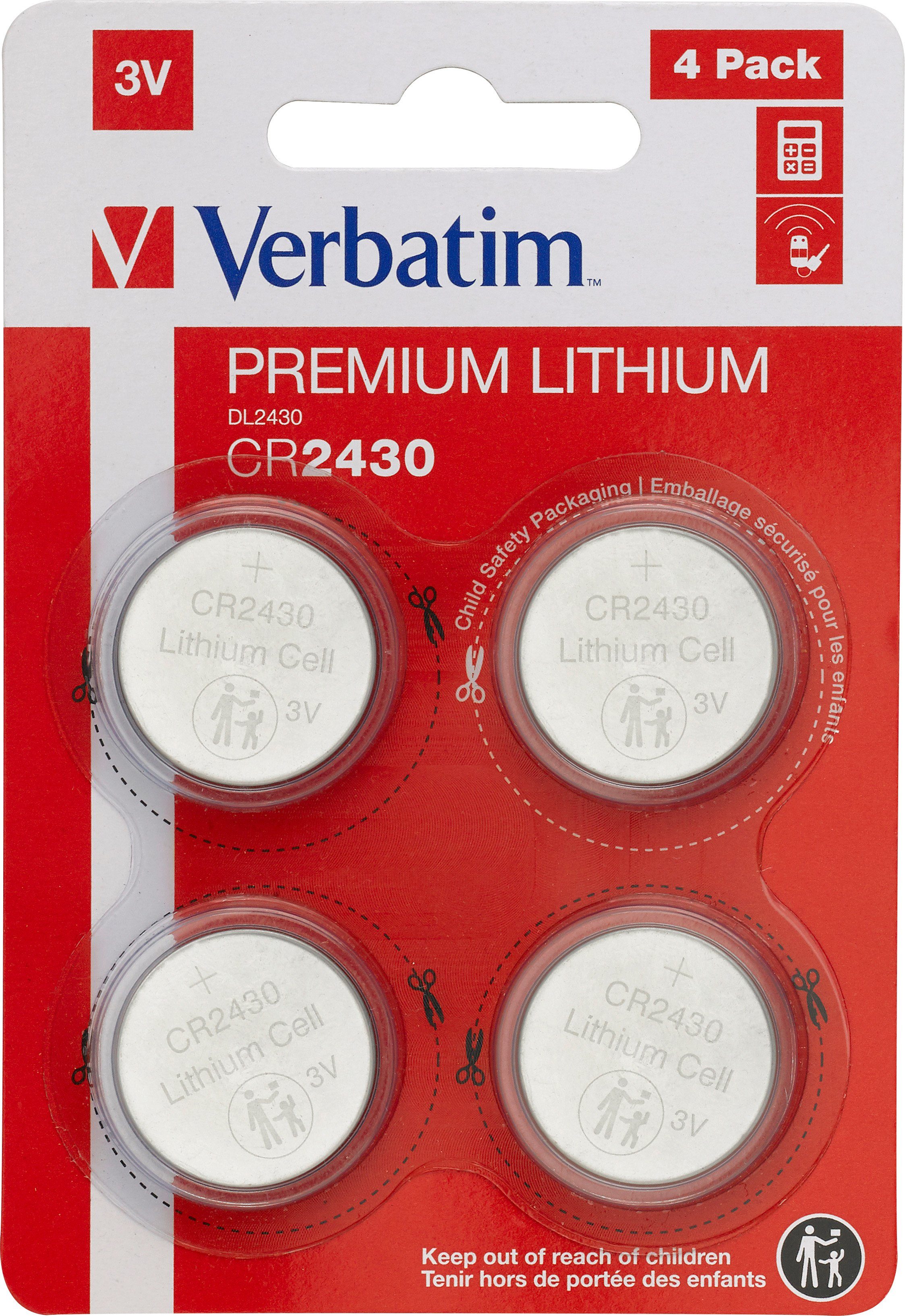 Verbatim Verbatim Batterie Lithium, Knopfzelle, CR2430, 3V Retail Blister (4-P Knopfzelle