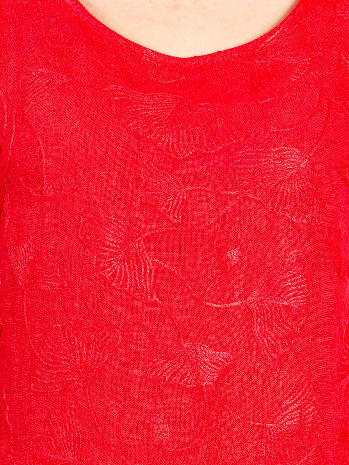 Caspar Sommerkleid SKL031 knielanges Damen Sommer Leinenkleid mit Ginko Blatt Stickmuster Luftig leicht, figurumspielende Form, mit seitlichem Jersey-Einsatz