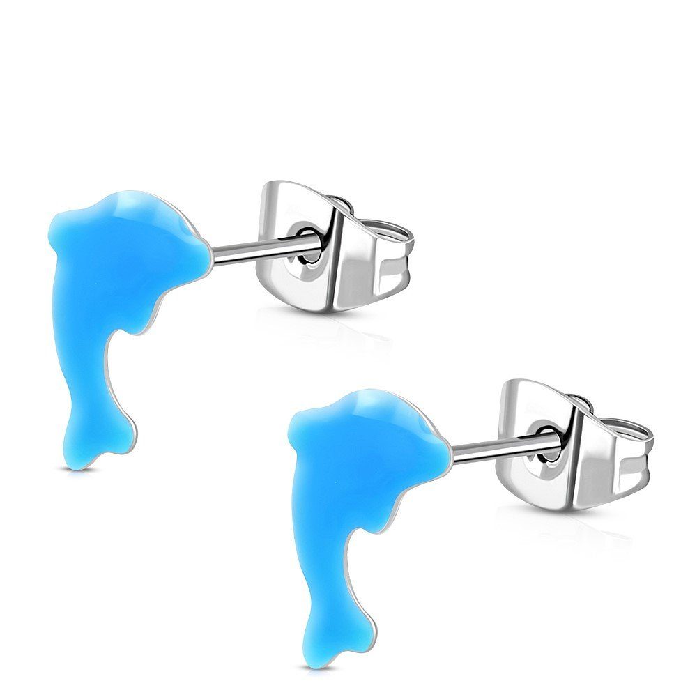 2-tlg), (2 Edelstahl Ohrschmuck Stück), Ohrring-Set (1 BUNGSA Neon Ohrringe Paar neonblau Kinder Ohrstecker Silber Delfin aus
