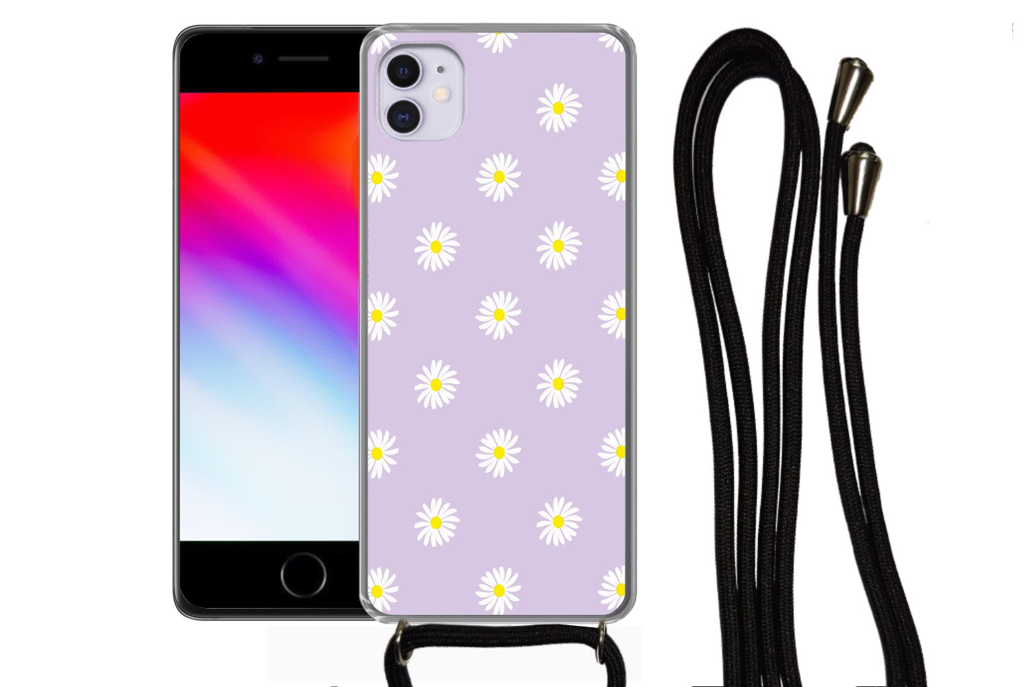 MuchoWow Handyhülle für Apple iPhone 12 Mini Gänseblümchen - Pastell - Weiß - Lila - Blume, Tragbare Handyhüllen mit Kette zum umhängen, Handykette Handyband