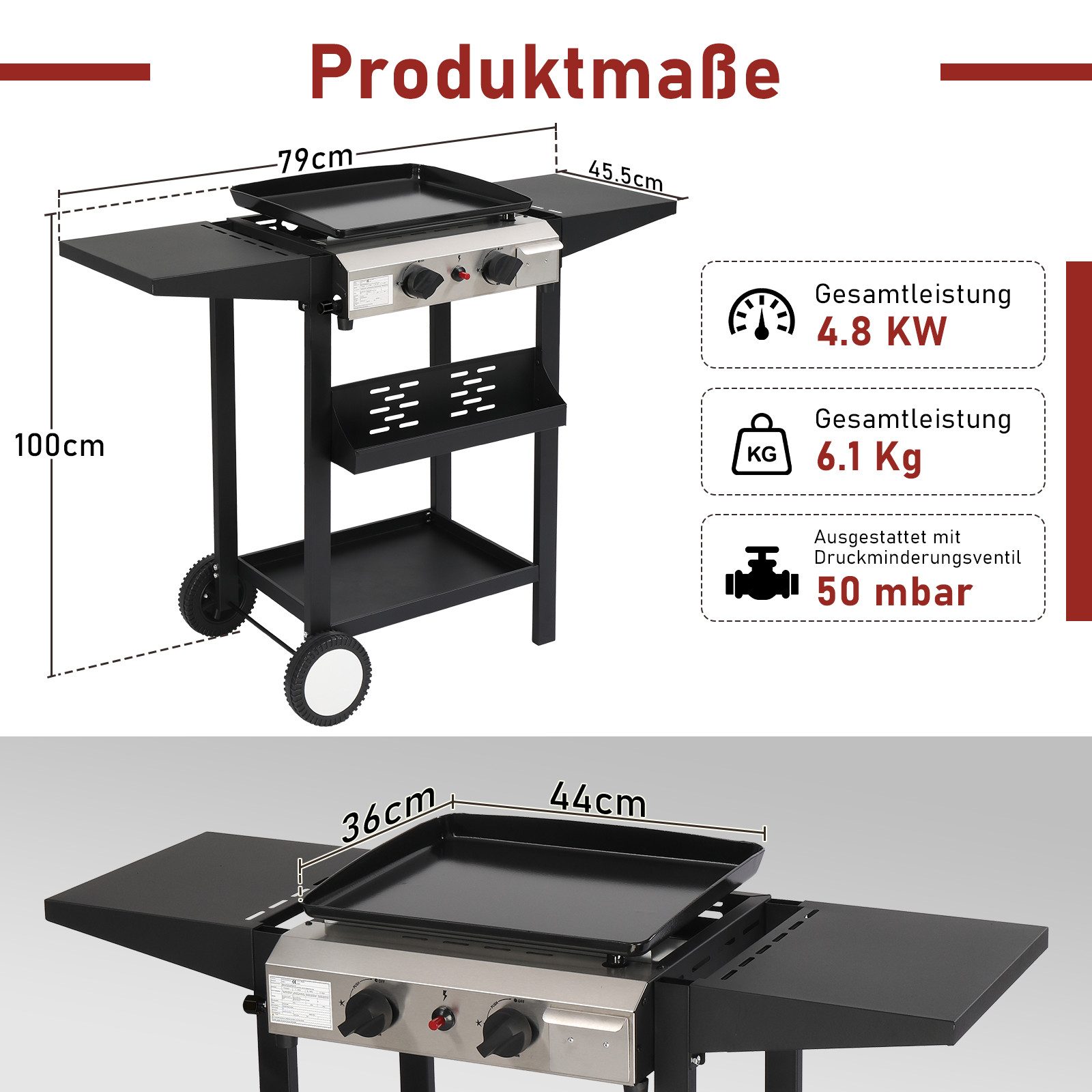 LALAHO Gasgrill Grillwagen 2 Brennern 5.86 kW mit emaillierter Grillplatte, integriertem Thermometer und Seitenablagen