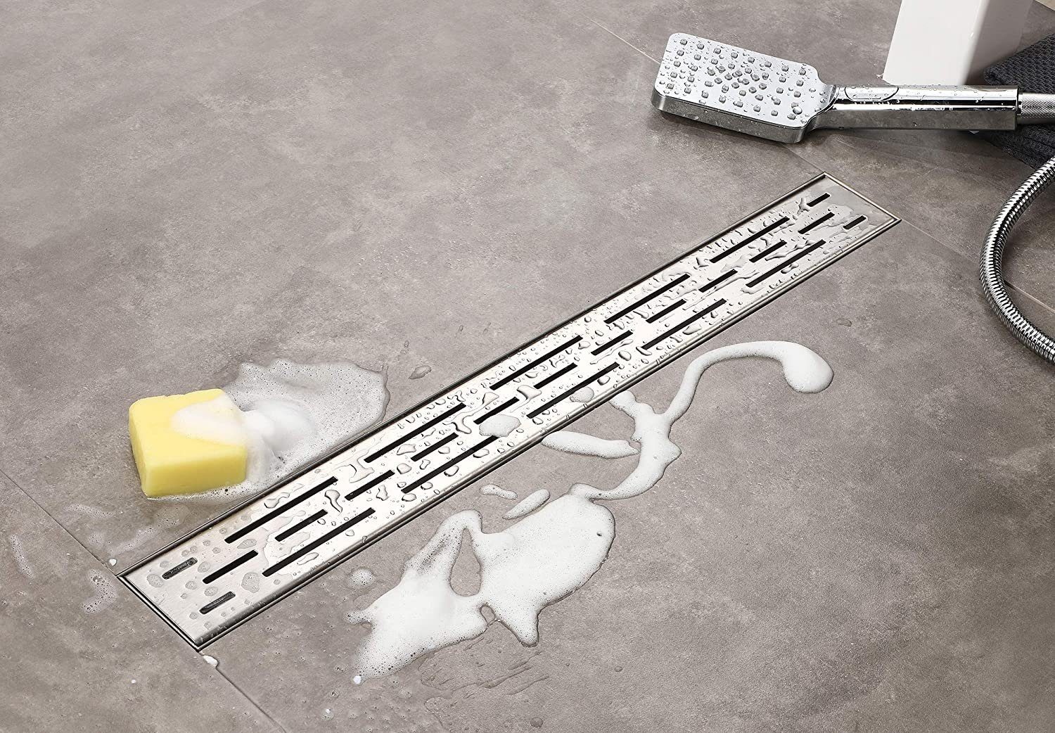 Elbe Duschrinne 60 cm, 3-reihig-Schlitzm Muster, mit Siphon, Haarsieb, Gruchsstop, Oberteil und Unterteil aus rostfreiem Stahl, Geruchssicher Korrosionsresistent Rostbeständig 60 cm