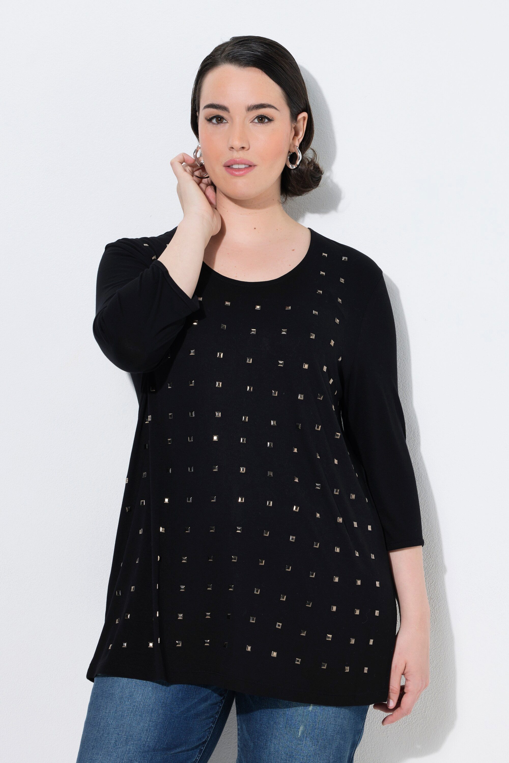 Ulla Popken T-Shirt Shirt Ziernieten A-Linie Rundhals 3/4-Arm