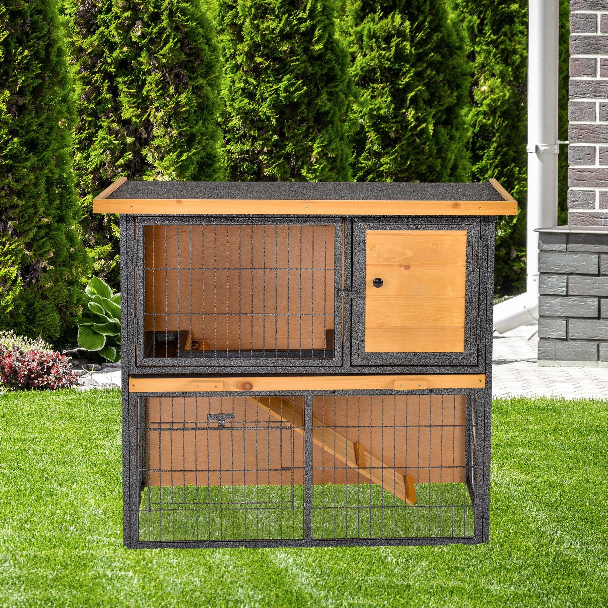 PawHut Kleintierstall aus Holz mit Bitumendach, 2-in-1 Stall & Auslauf, Rampe, Schublade