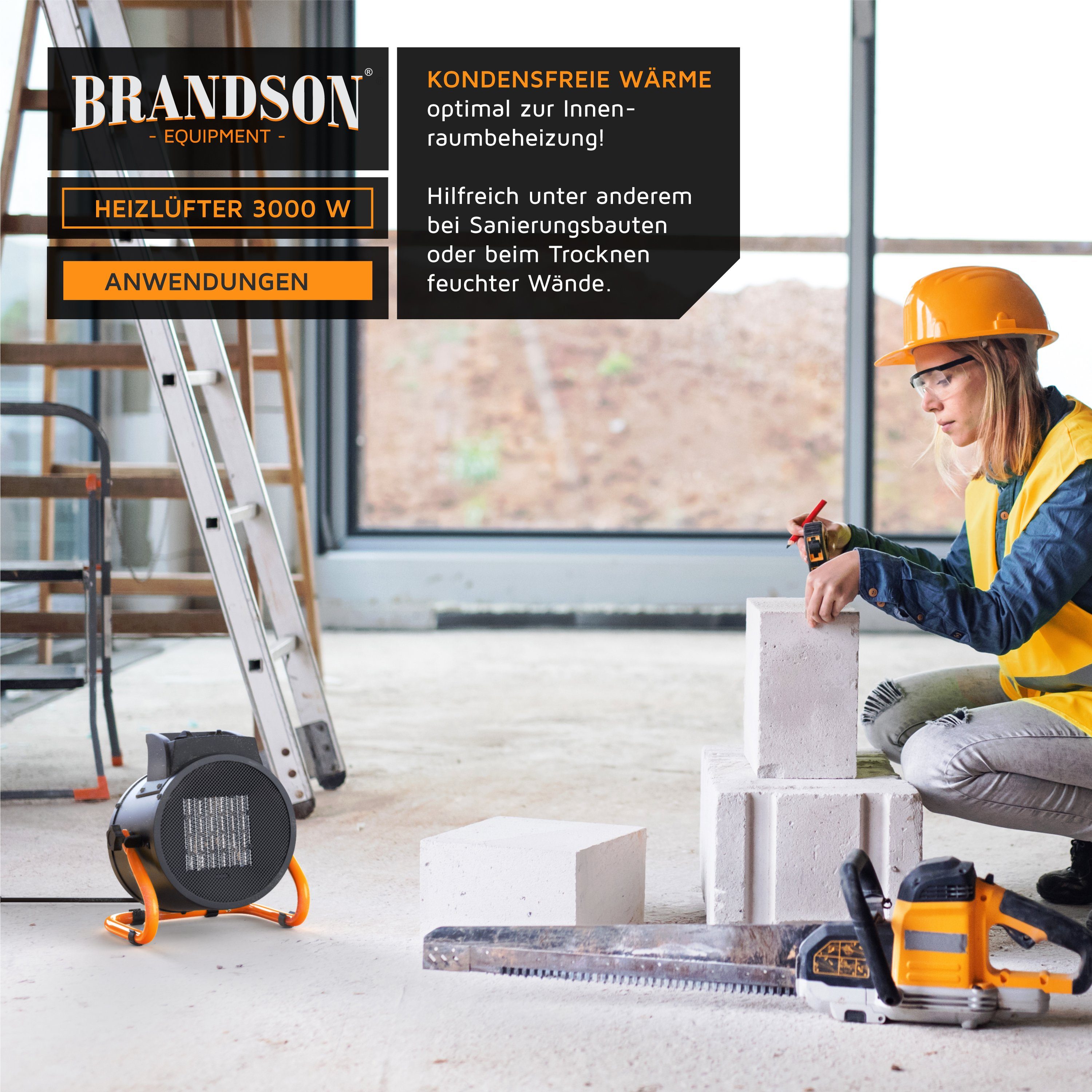 Brandson W, 3000 Keramikheizlüfter, 3 kW Heizgebläse Baustellen / Heizlüfter - Elektroheizgebläse Keramik schwarz/orange