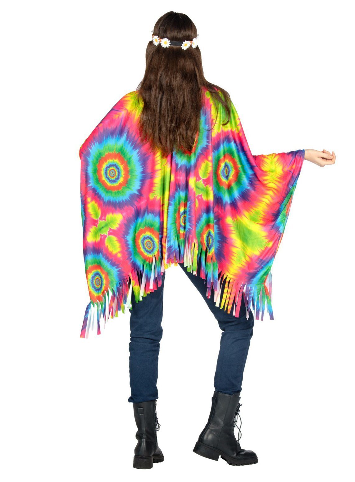 Metamorph Hippie-Kostüm Regenbogen Hippie Batik Poncho - Karneval Fasching, In psychedelischen Farben bedruckter Überwurf mit Fransen