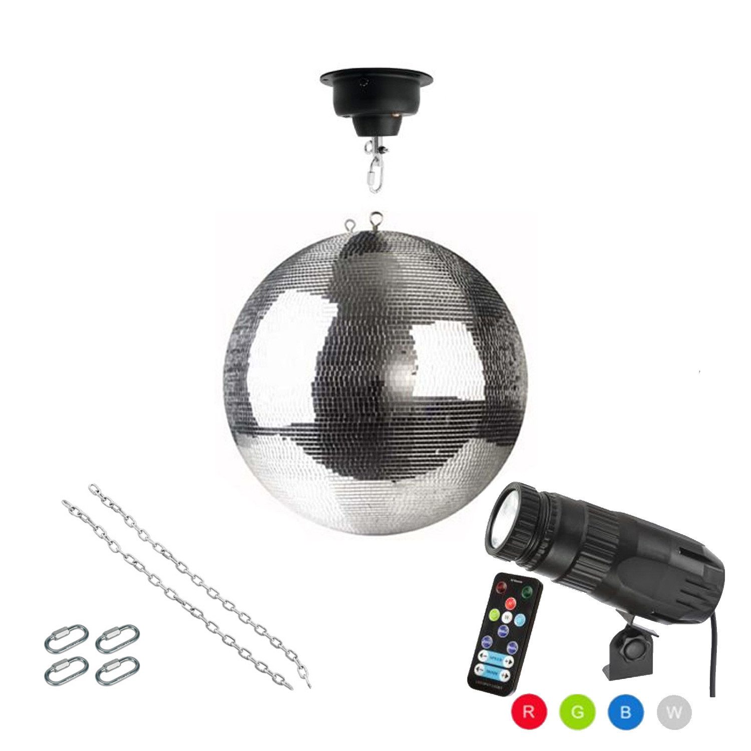 SATISFIRE Discolicht Spiegelkugel Komplettset 40cm mit Motor, 9W LED Pinspot (RGB) PROFI