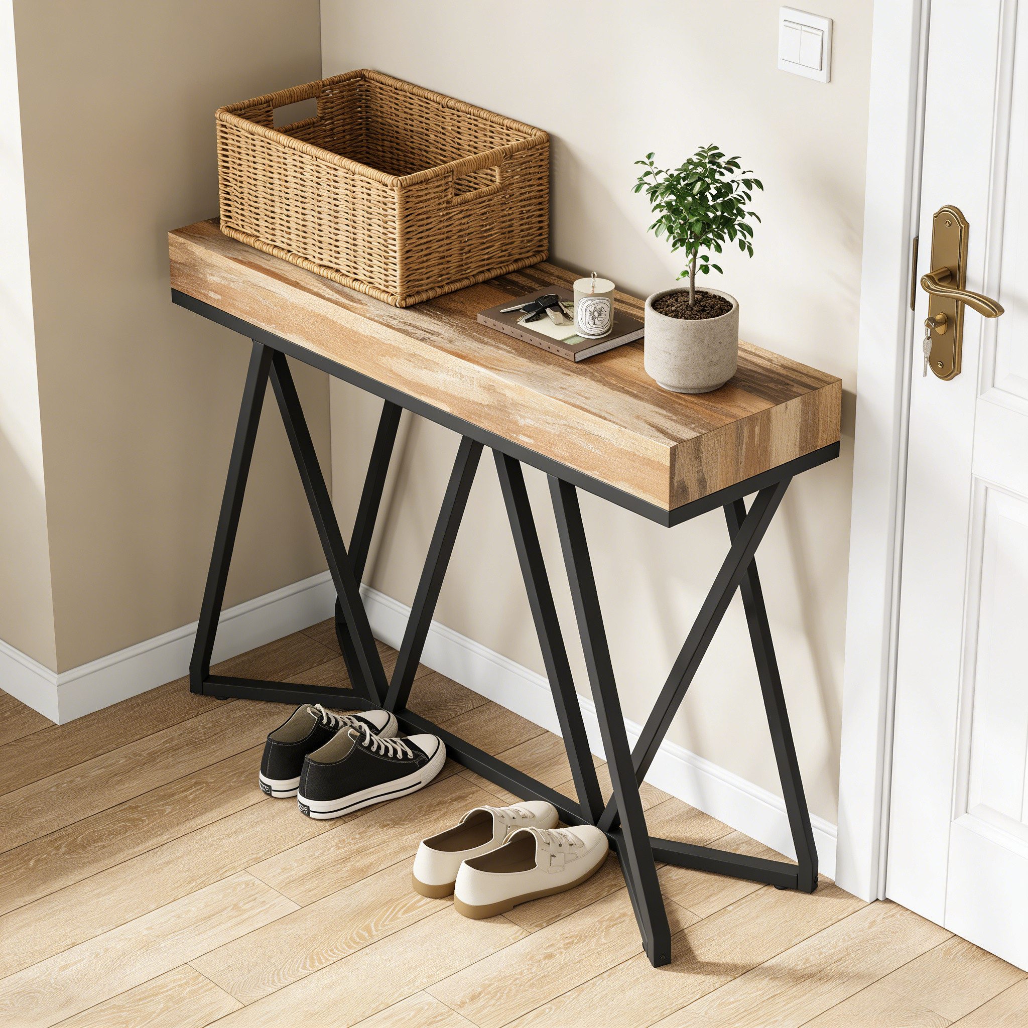 Celya Konsolentisch 140cm Konsolentisch, Holz-Eingangstisch mit einzigartigem Metallsockel