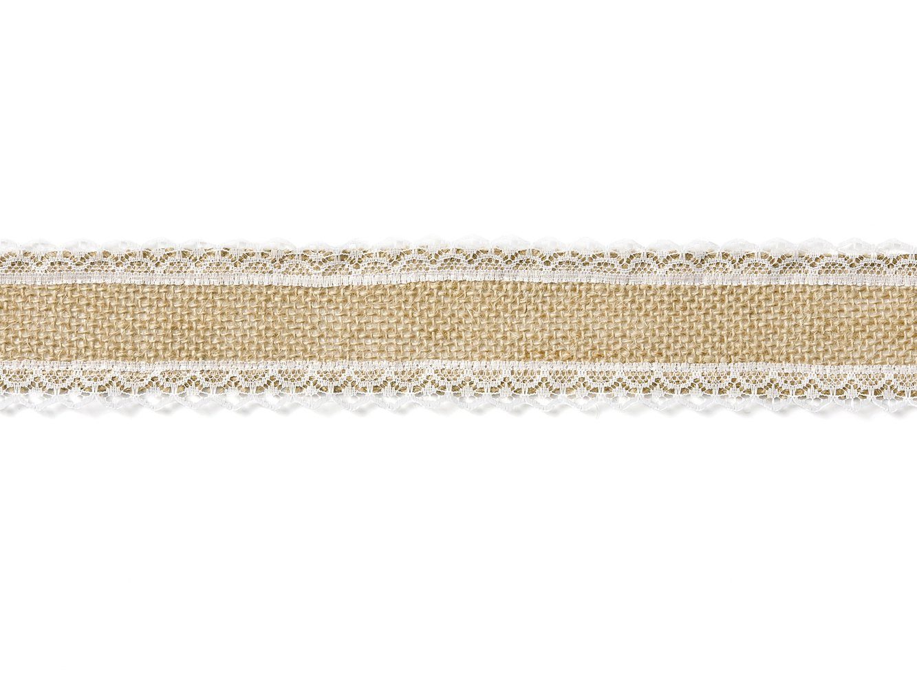 partydeco Dekoband, Juteband mit weißer Spitze 5cm x 5m Rolle natur braun weiß