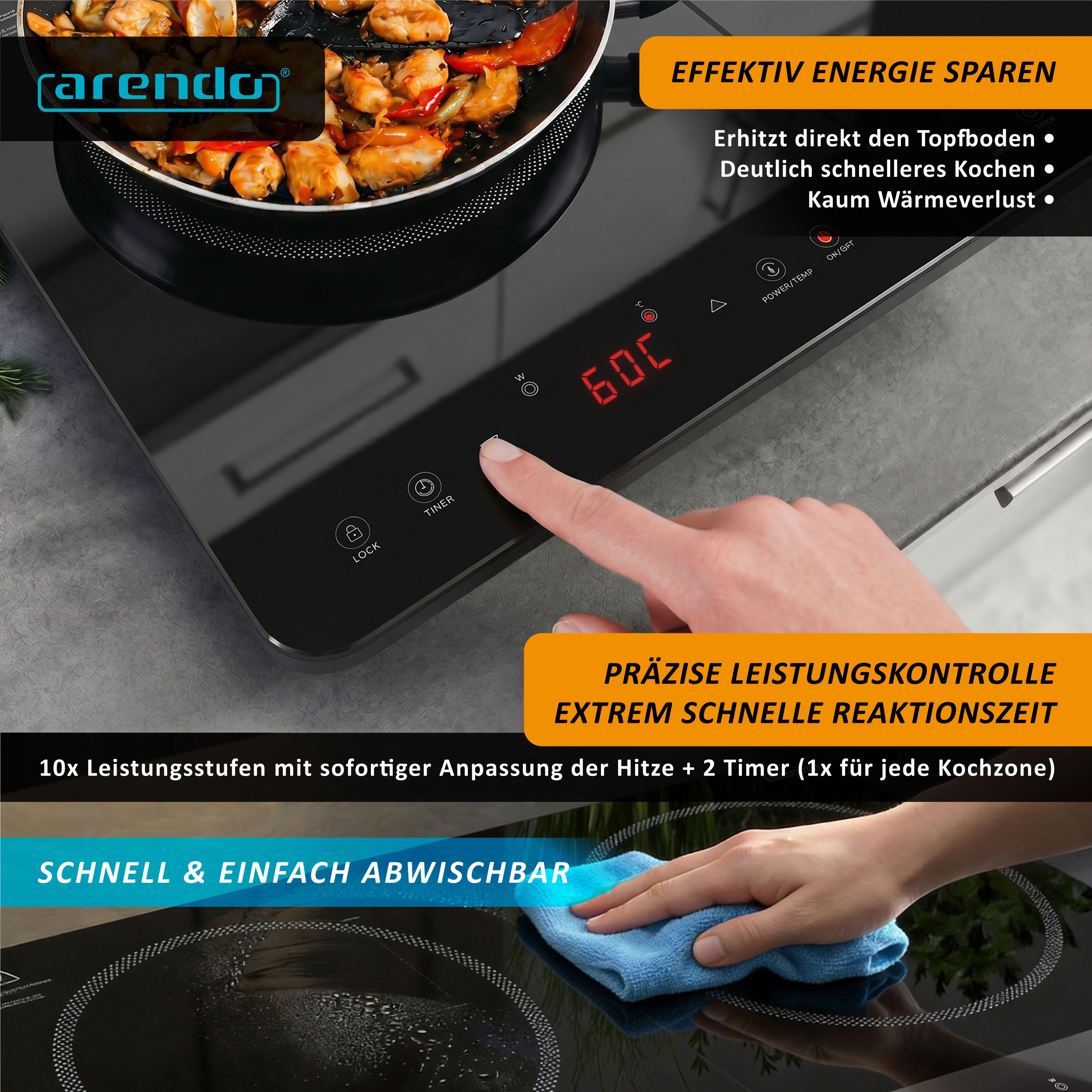 Arendo Induktions-Kochfeld Doppel-Induktionskochplatte 2 Platten, 3500 W, Glaskeramik, 2 Timer bis 4 h, Touch, automatische Topferkennung, Überhitzungsschutz – Bild 5 von 5