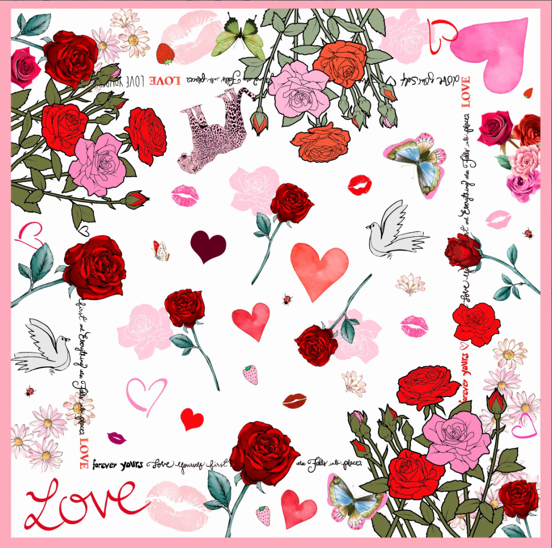 MayTree Seidentuch Premium Twill-Seide quadratisch 86x86cm, Rosen und Herzen, (Stück), 100% Seide, mit handrolliertem Rand