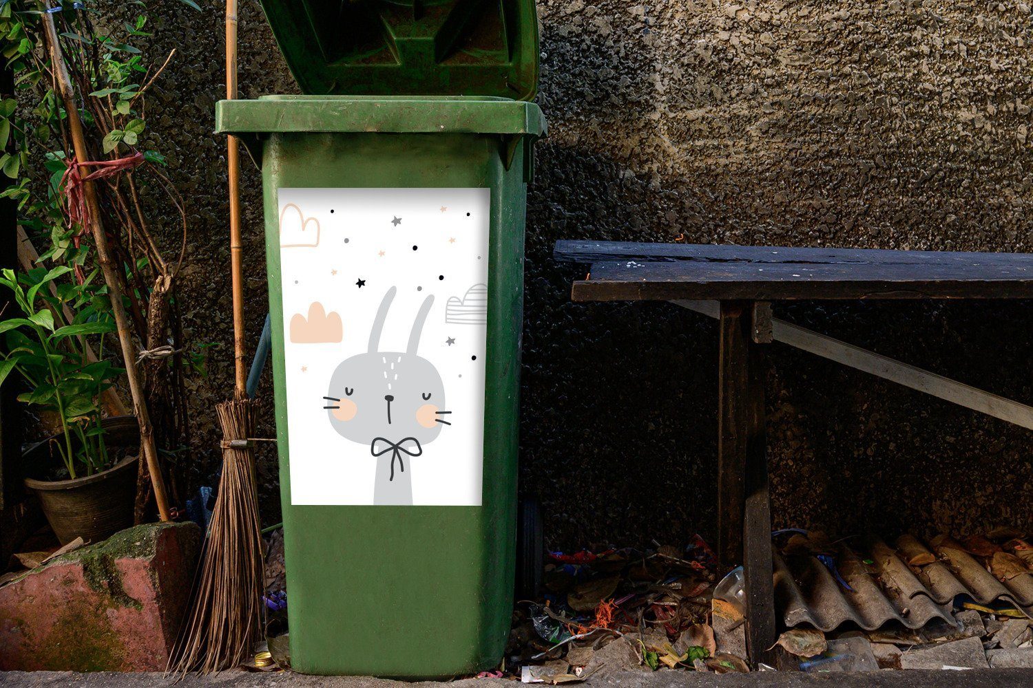 Container, - St), Mülleimer-aufkleber, - MuchoWow - Sterne Wandsticker Abfalbehälter Schleife (1 Kinder Illustration Mülltonne, - Sticker, Kaninchen