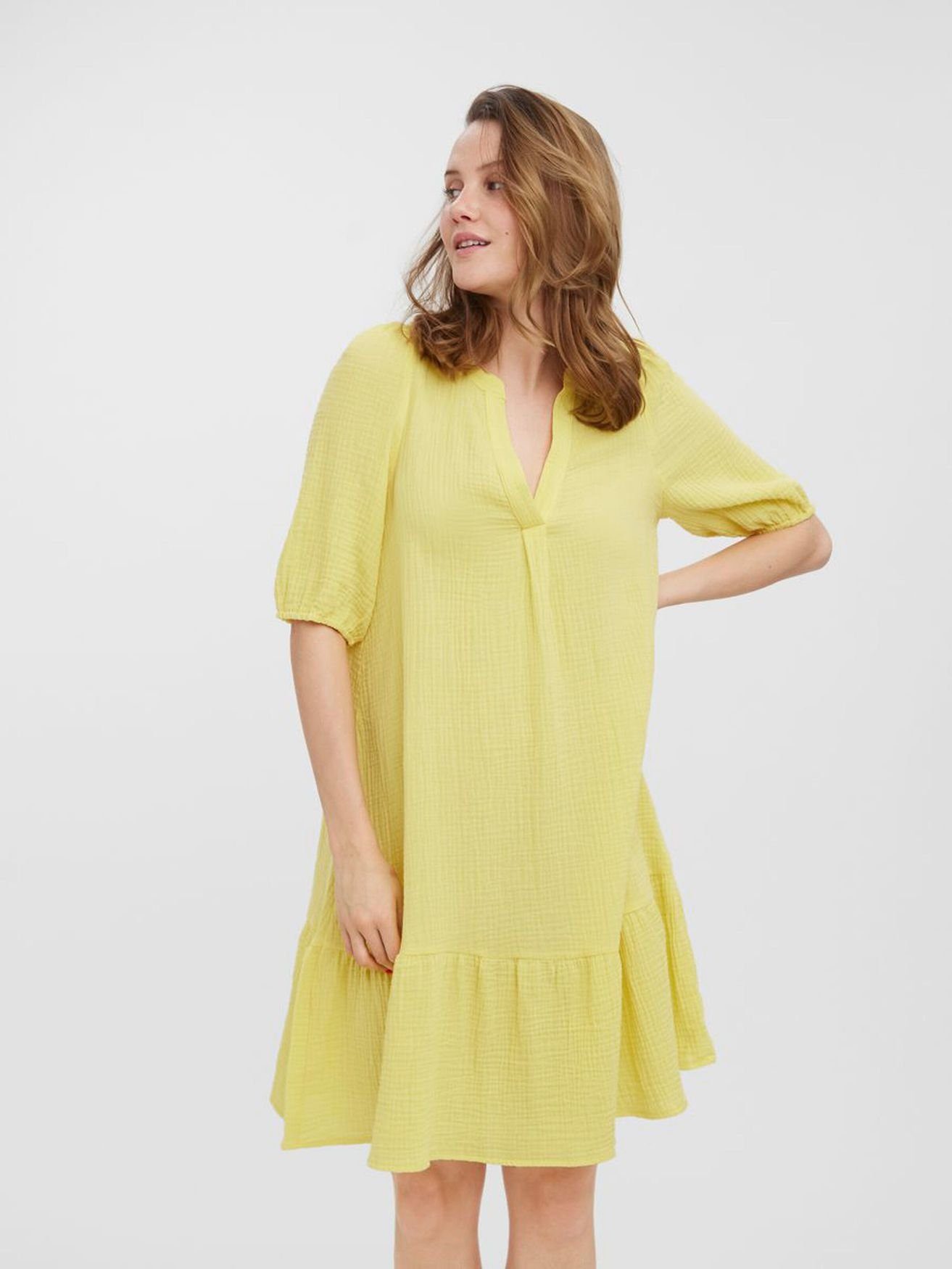 Shirtkleid 4096 Kleid Moda Blusen Midi Tunika 1-tlg) VMNATALI (knielang, Vero Halbarm Gelb in