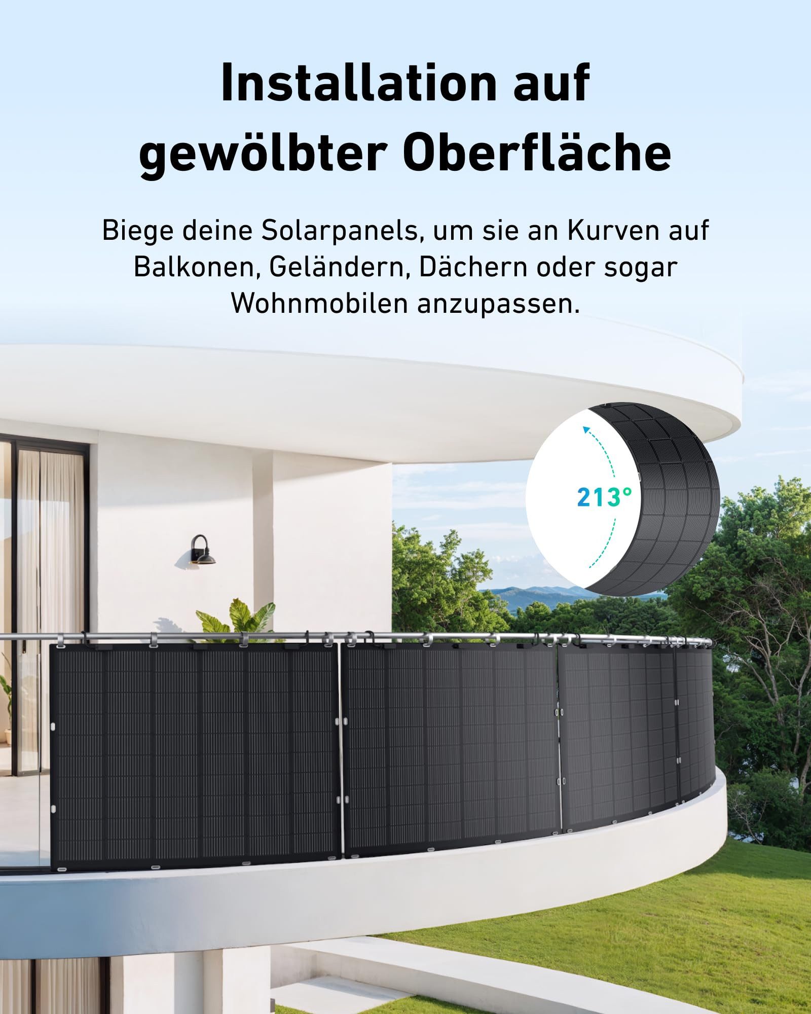 SolarMars Solarmodul Flexibles Solarpanel (225W, 2er-Pack/4er-Pack), (für Balkon Dach Wand und Wohnmobil), IP68 Wasserdicht Photovoltaik 213°Biegung