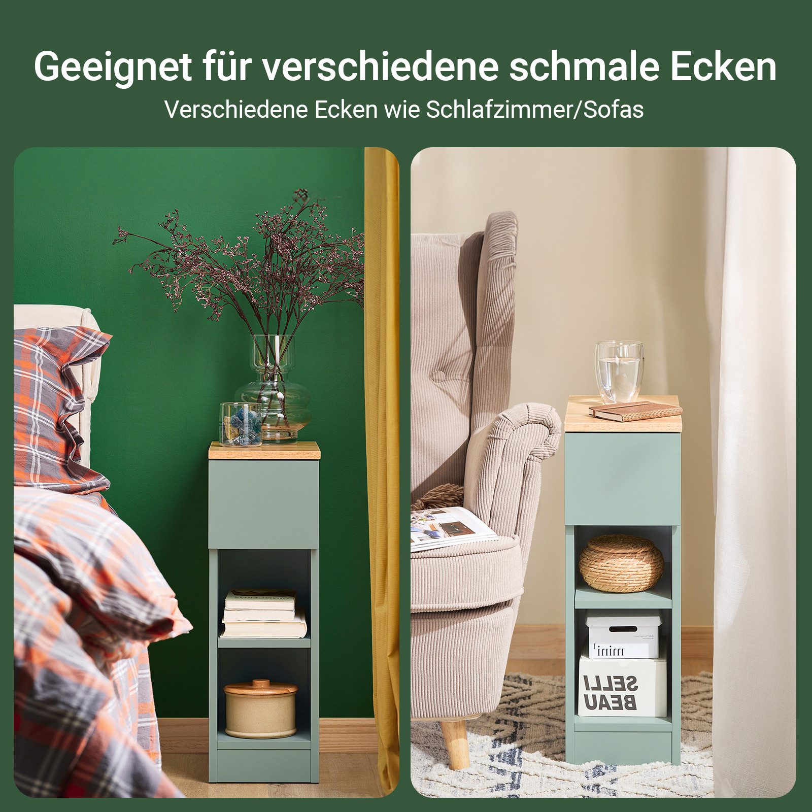 SoBuy Nachttisch FBT111, Nachtschrank kleiner Beistelltisch 20cm Breite, Nightstand, Nachttisch schmal, mit Schublade, Schlafzimmer Wohnzimmer kleine Räume