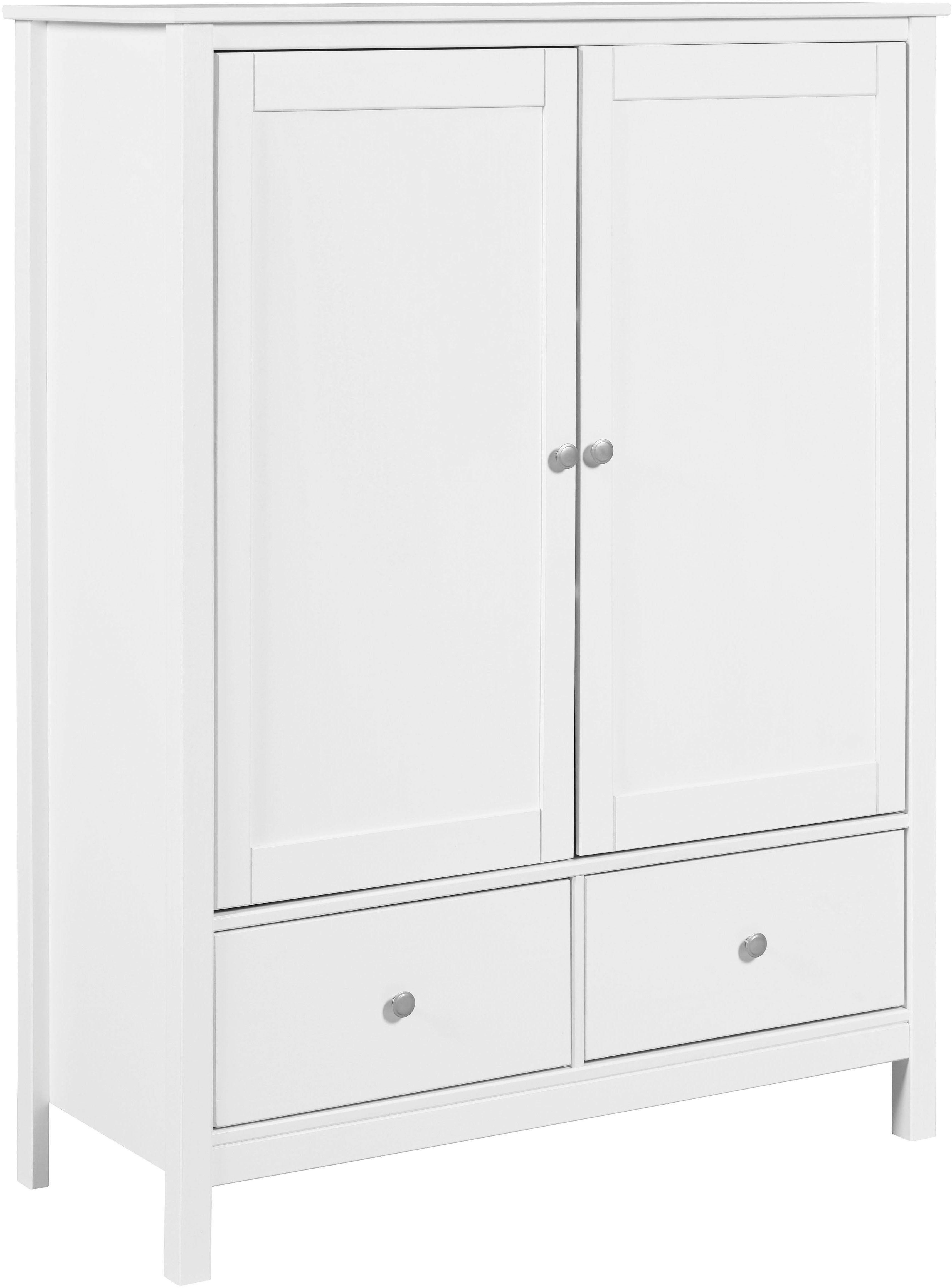 Inter Link Wäscheschrank Pinora, 2 Türen, Kiefer Massivholz Weiss, Silberne Metallgriffe (1-St) Inkl. Einlegeböden & 2 Schubladen, Skandi Look, 107 x 45 x 140 cm