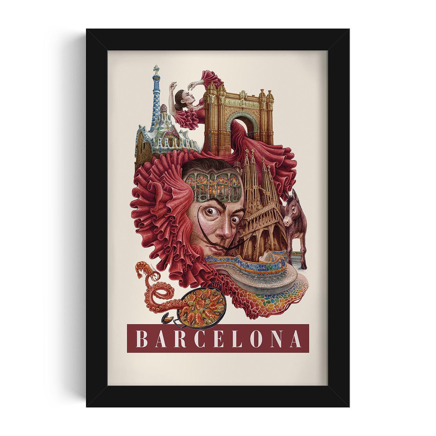 Tulup Bild mit Rahmen Barcelona Illustration im Rahmen, Wandkunst gerahmt