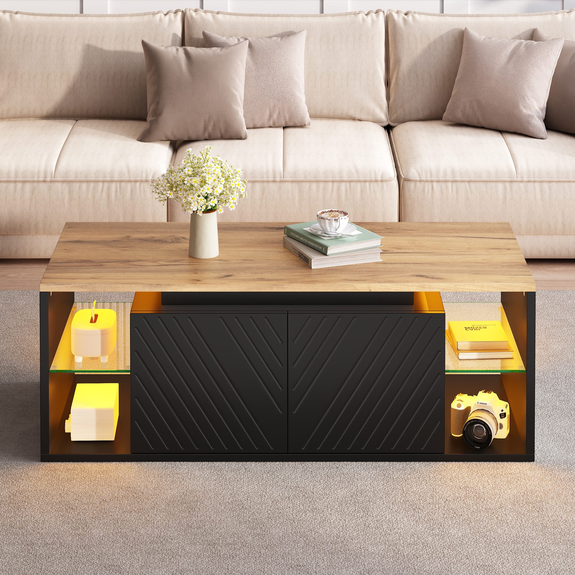 Merax Couchtisch mit LED-Beleuchtung und USB-Anschluss (Kaffeetisch Beistelltisch Sofatisch, 1-St., 100 × 50 × 41 cm), Wohnzimmertisch mit 2 Türen,halboffenen Ablagefächern,Diagonal-Muster