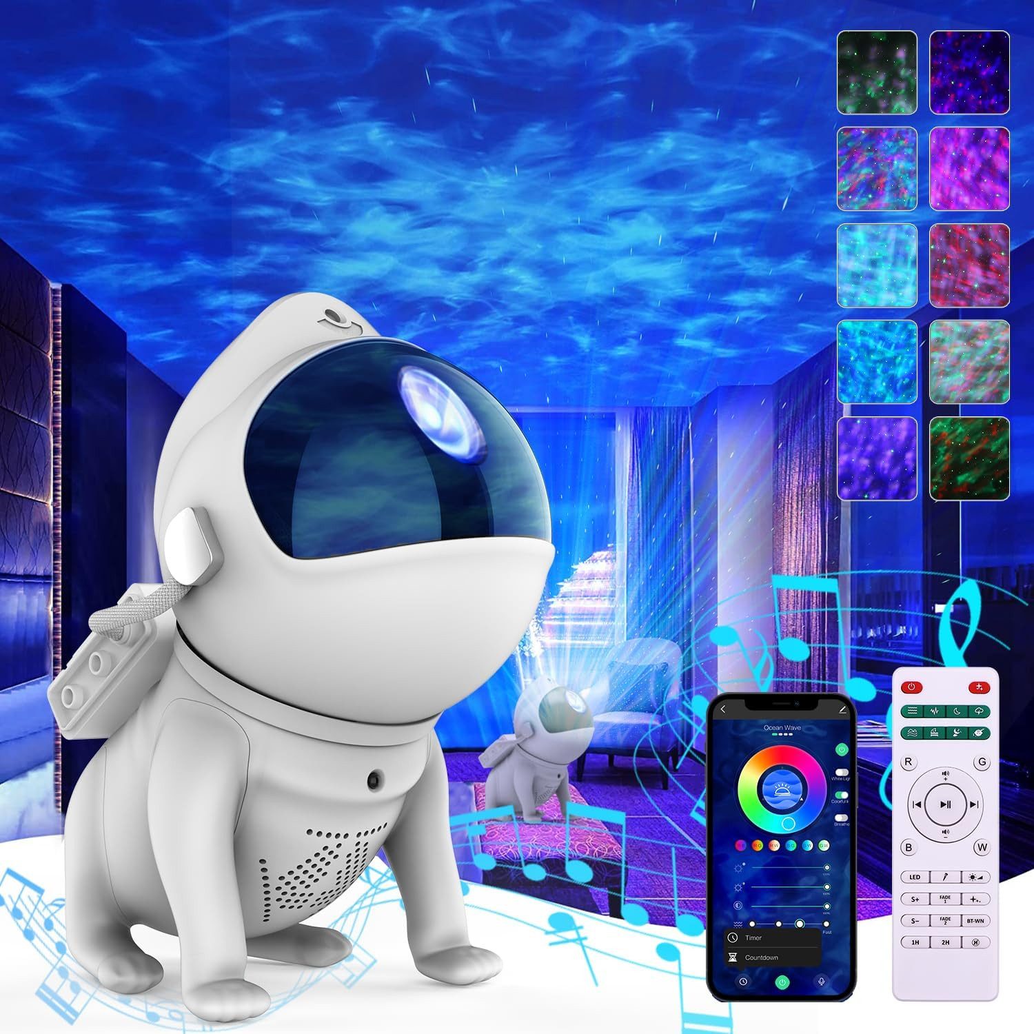 Qualra LED Nachtlicht Hund Galaxie Projektor Bluetooth Musiklautsprecher 21 Farbmodi Kinder, 8 Weißes Rauschen Fernbedienung App-Steuerung