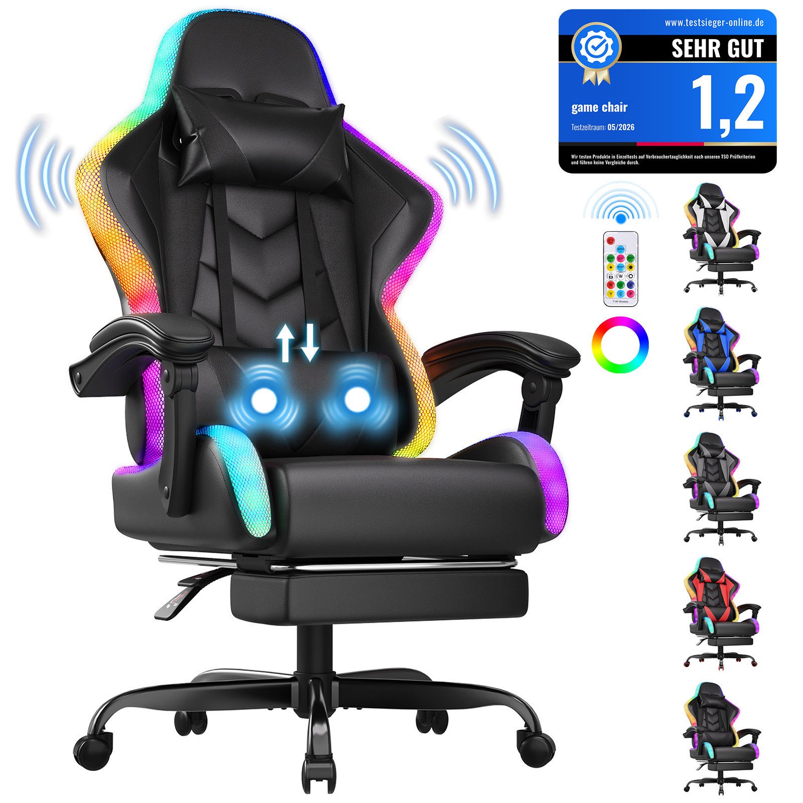HOMALL Gaming-Stuhl mit LED,Ergonomisch,Fußstütze,computerstuhl,gaming stuhl mit massage (Die LED-Beleuchtung ist einstellbar, das Massagekissen für den Rücken ist beweglich), Ergonomischer Bürostuhl,Kopfstütze und Lendenstütze