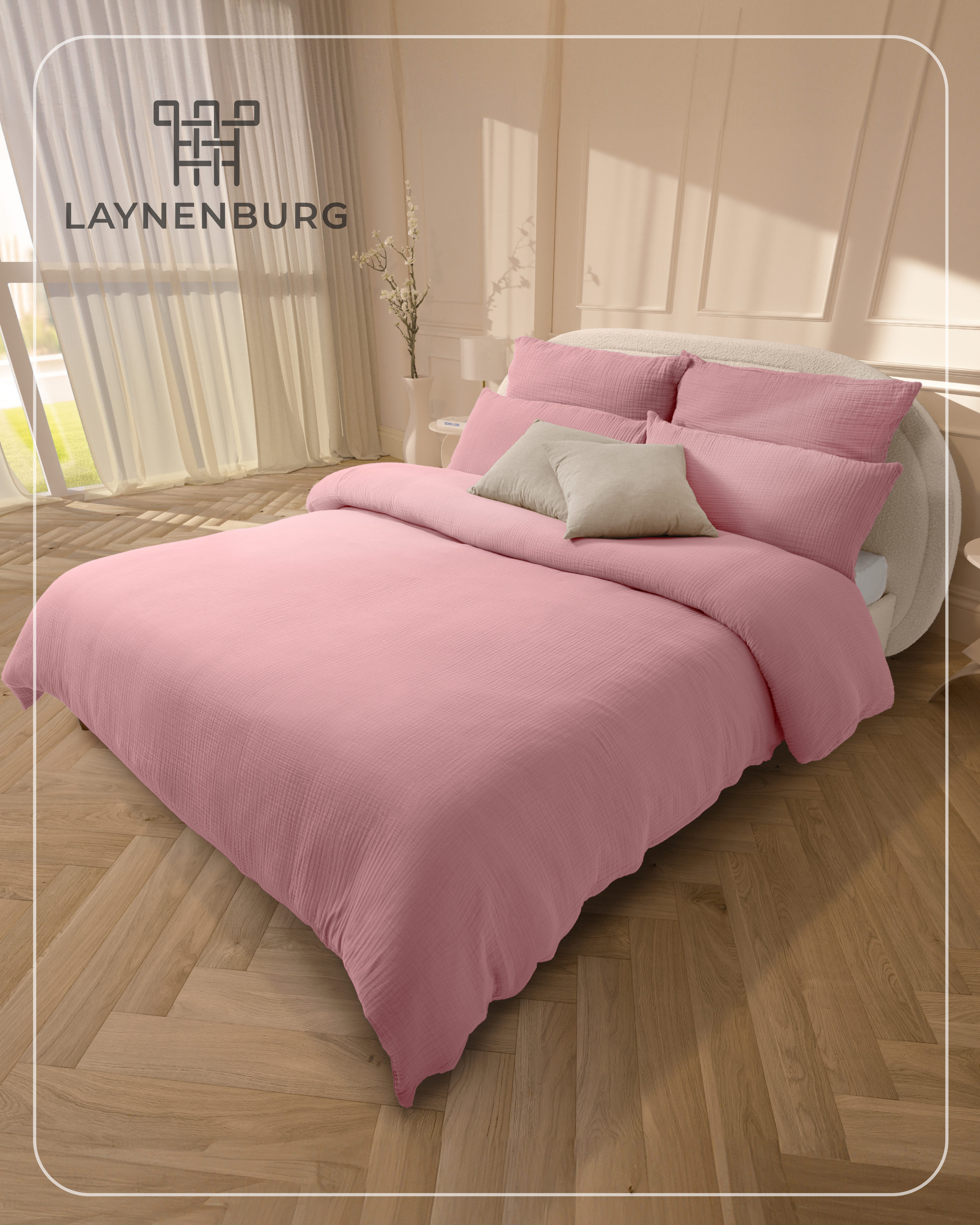 Laynenburg Bettwäsche Musselin aus 100% Baumwolle in 135x200 oder 155x220 cm, atmungsaktiv & bügelfrei – 2 lagig mit Reißverschluss & Haltebändern