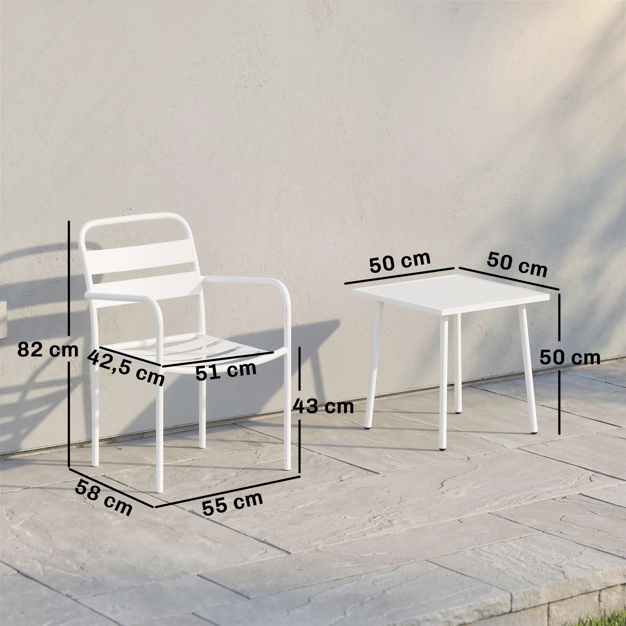 Outsunny Sitzgruppe mit 2 Gartenstühlen, Glastisch, Lamellen-Design, (Gartenmöbel-Set, 3-tlg., Bistroset), für Garten, Terrasse, Weiß